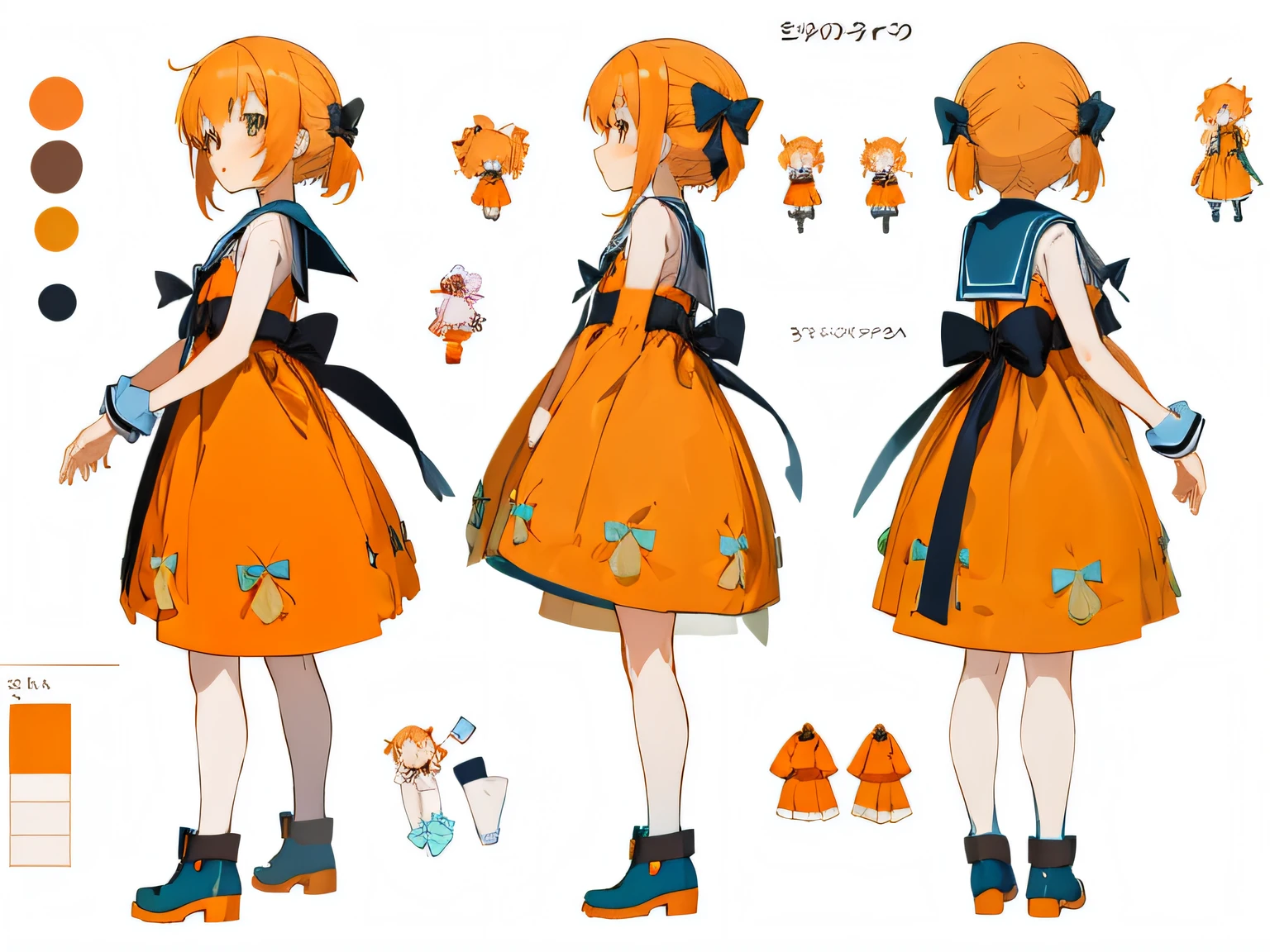 An anime character from a girl in an orange dress，Wearing a bow, pretty anime character design, cute anime waifu in a nice dress, Anime character design, small curvaceous loli, anime moe art style, anime visual of a cute girl, anime full body illustration, anime character reference sheet, Shoujo manga character design, Full body character design, small loli girl