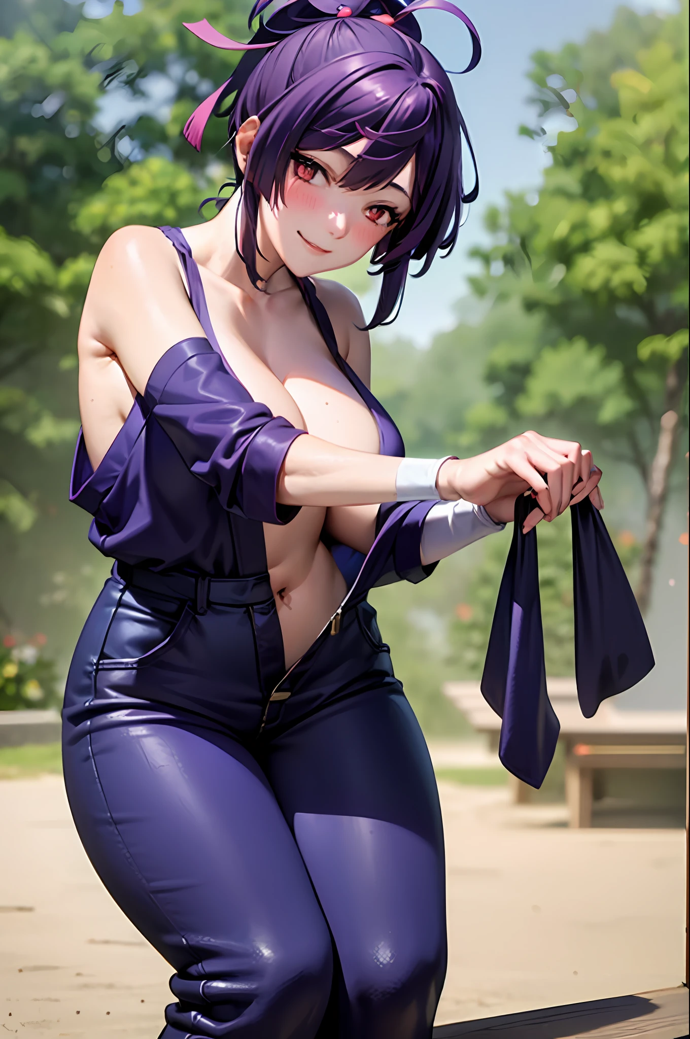 best quality, masterpiece, (leaning over:1.4), 
1girl, yuzuriha_(jigokuraku), purple hair, brown eyes, ninja, open clothes, cleavage, small breasts, topknot, medium hair, breasts apart, seductive smile, pants, undressing,  (blush:1.1),  japanese exterior, temple,