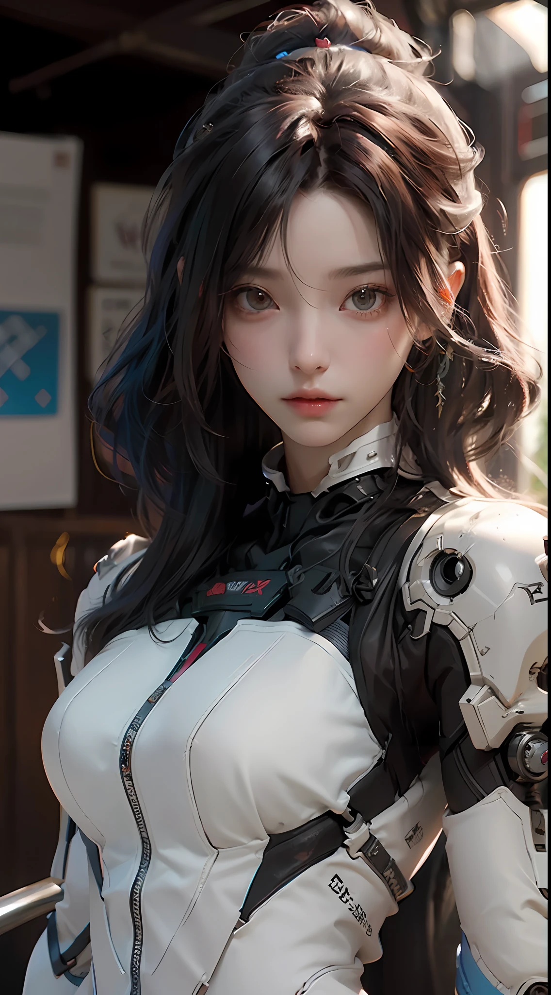 ((best qualtiy)), ((tmasterpiece)), (the detail:1.4), 3D, A beautiful cyberpunk female image，Wearing black and white high-tech armor，chest plate,long whitr hair，Loose hair，Slim figure，perfectly proportions，hdr（HighDynamicRange）,Ray traching,NVIDIA RTX,Hyper-Resolution,Unreal 5,Subsurface scattering、PBR Texture、post-proces、Anisotropy Filtering、depth of fields、maximum definition and sharpness、Many-Layer Textures、Albedo e mapas Speculares、Surface coloring、Accurate simulation of light-material interactions、perfectly proportions、rendering by octane、Two-colored light、largeaperture、Low ISO、White balance、the rule of thirds、8K raw data、