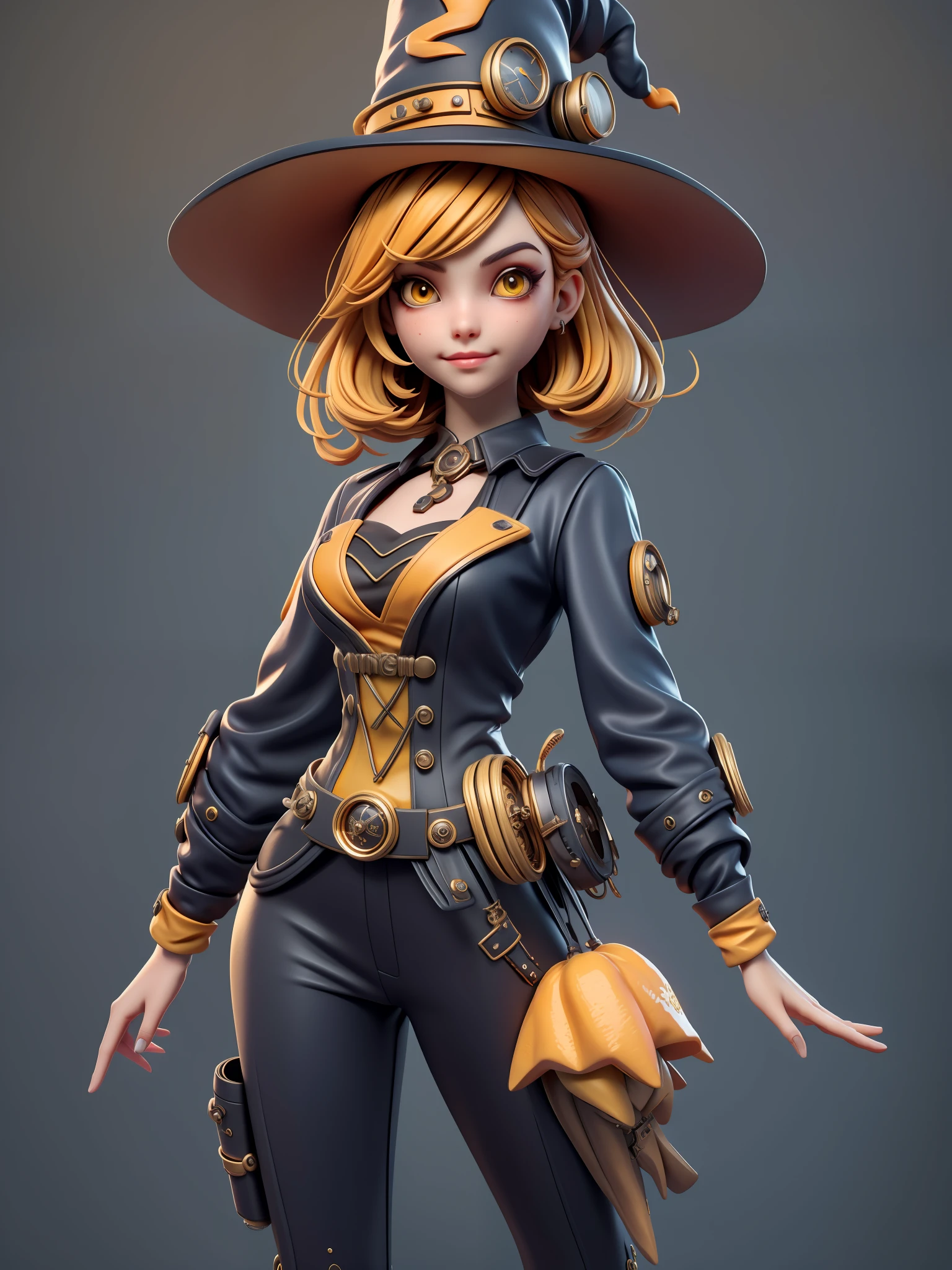 1Menina, cabelo longo e amarelo, em um vestido amarelo com laranja, Steampunk with witch hat, 8K high definition image,