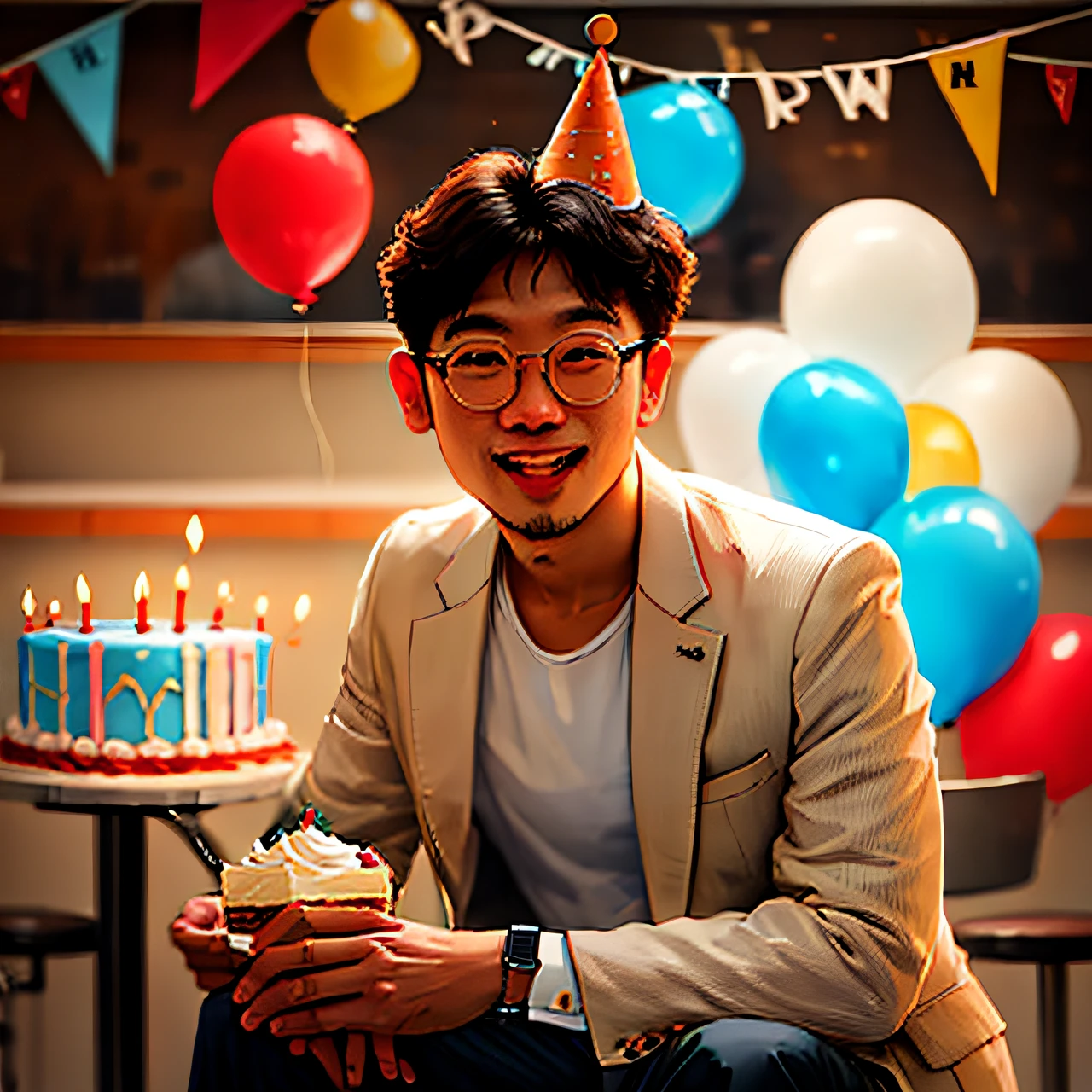 SamDoesArt, Sam Yang style, there is a man with round glases and korean hair style sitting on a stool with a suit on, captured on canon eos r 6, headshot profile picture, smooth in _ the background, professional picture, mid shot portrait, shot with sony alpha, full body photogenic shot, photo portrait, shot on canon eos r 5, shot on canon eos r5, blowing up a birthday cake, tart, wearing The party hat, Blowing Out Birthday Candles, happy birthday cake blowing up candles
