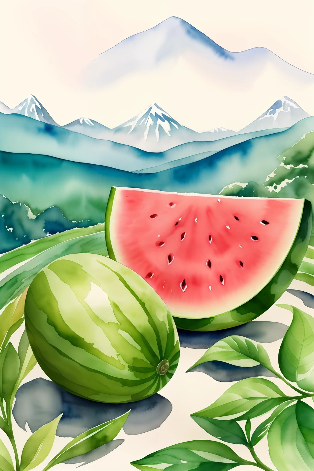#3b4195 color background、Watermelon fields with mountains and water、Watermelon vines and leaves,Cut watermelon,Highlight watermelon details、lianas、Watercolor pattern in calm colors。Watercolor paper texture。