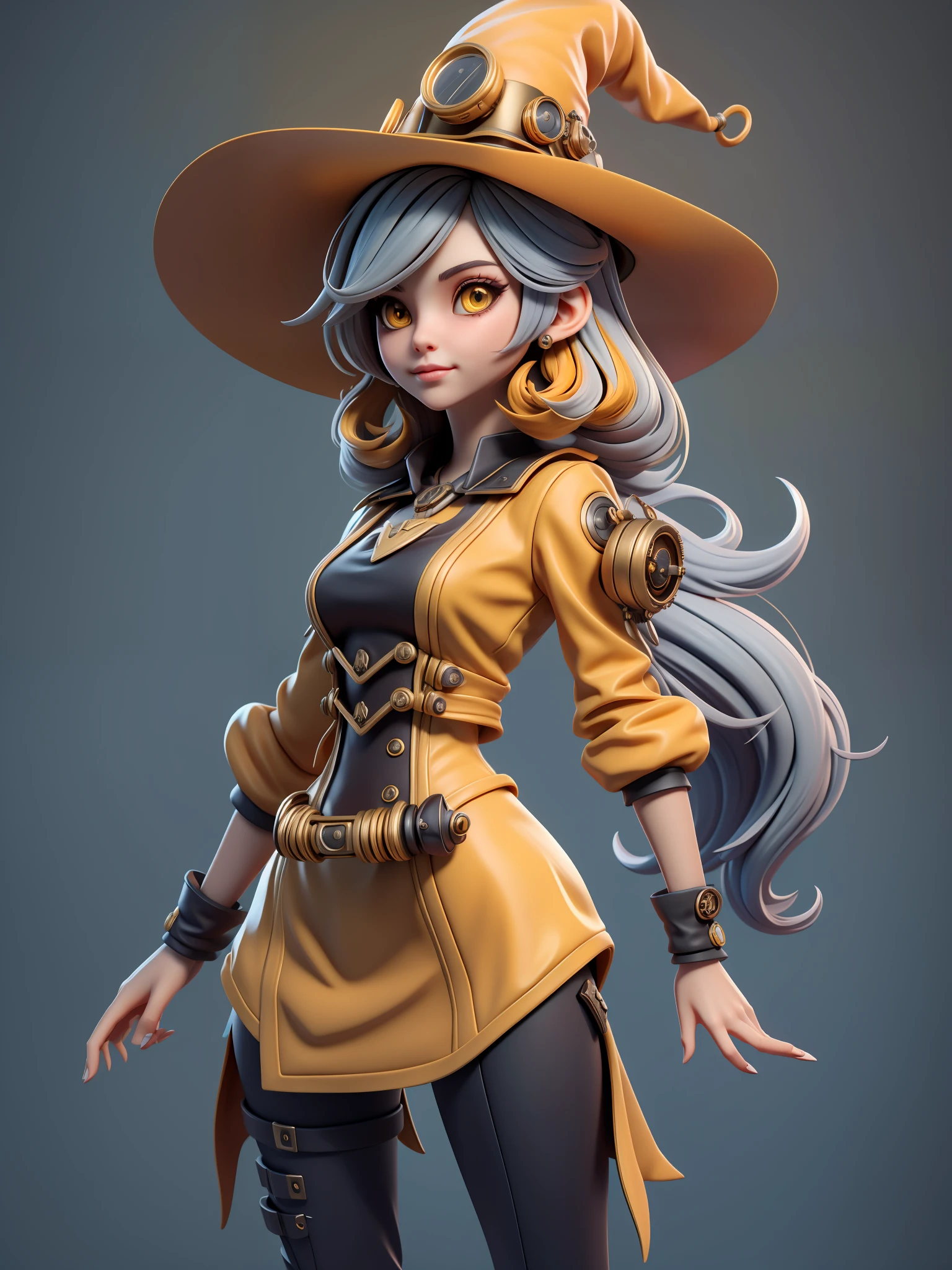 1Menina, cabelo longo e amarelo, em um vestido amarelo com laranja, Steampunk with witch hat, 8K high definition image,