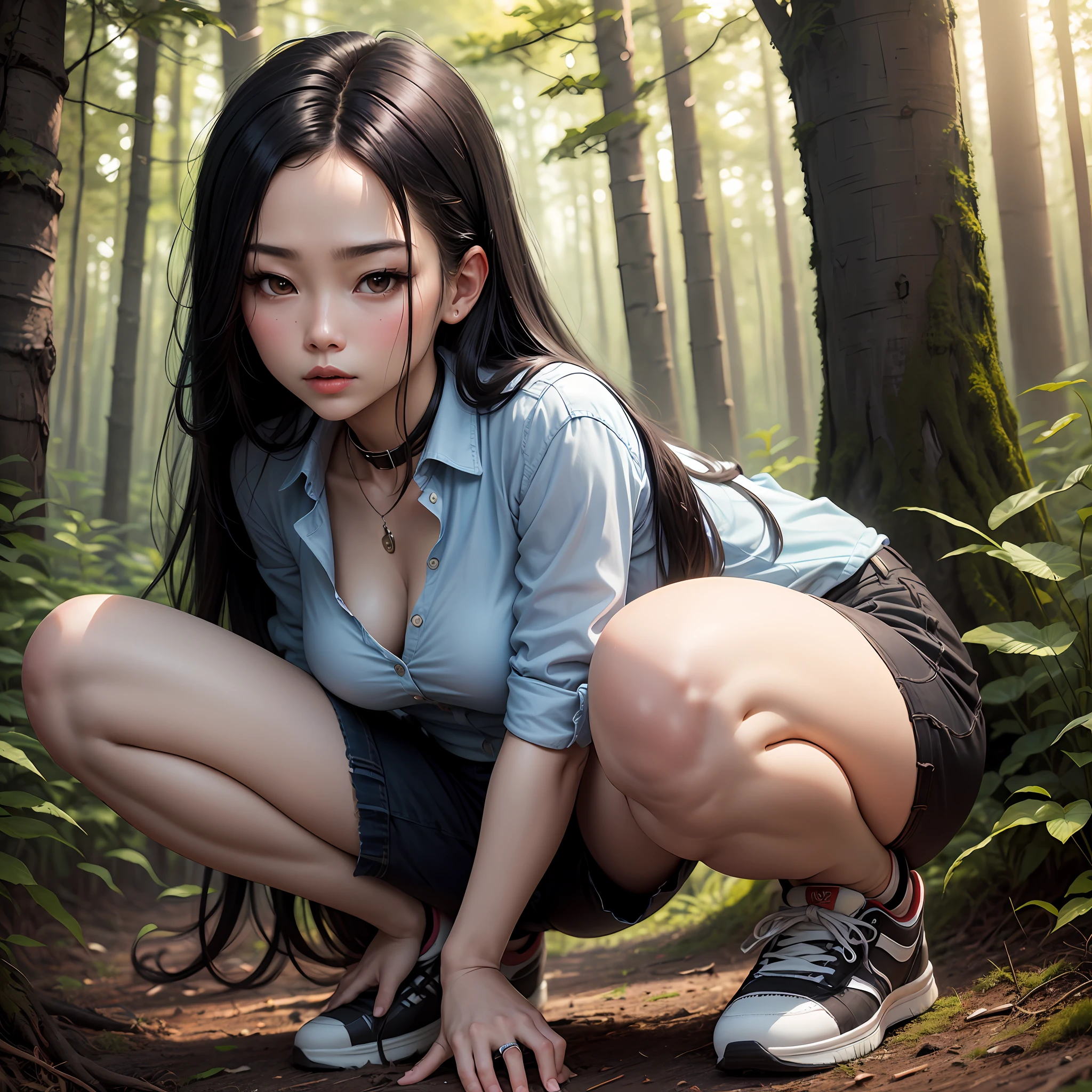 (Best Quality, Masterpiece: 1.2), Woman, Portrait, Translucent Open Collar Blue Shirt (Chestless), (Tong), Mullet Head, Long Black Hair, Brown Eyes, Hips, Sneakers, Squat, Full Body, Outdoor, In the Woods --auto