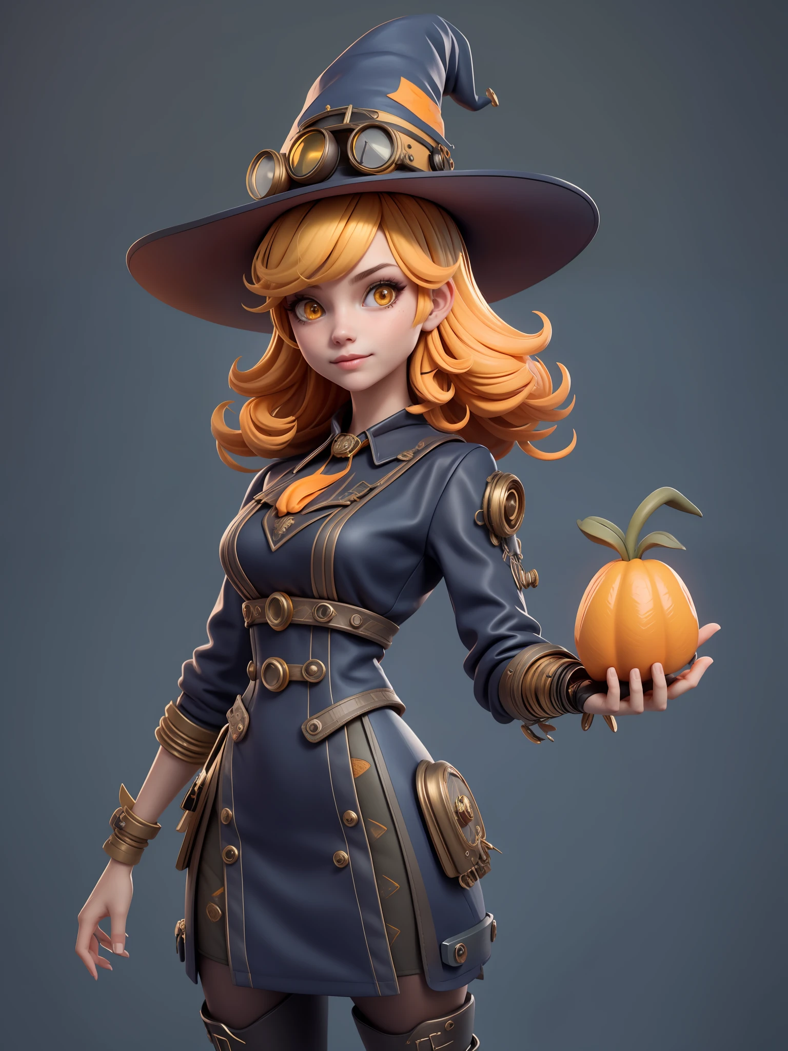 1Menina, cabelo longo e amarelo, em um vestido amarelo com laranja, Steampunk with witch hat, 8K high definition image,