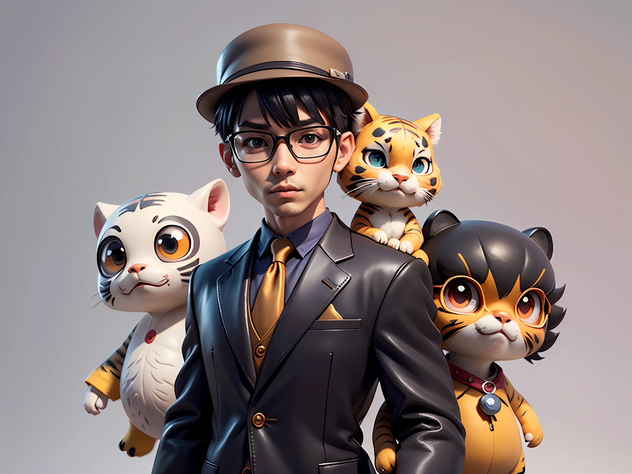 Young man with oriental face in leather hat, tiger, oriental face in formal suit, short black hair, silver glasses, digital painting, 3D character design by Mark Clairedon and Pixar and Hayao Miyazaki and Akira Toriyama, the illustration is a high-definition illustration in 4K resolution with very detailed facial features and cartoon-style visuals.
