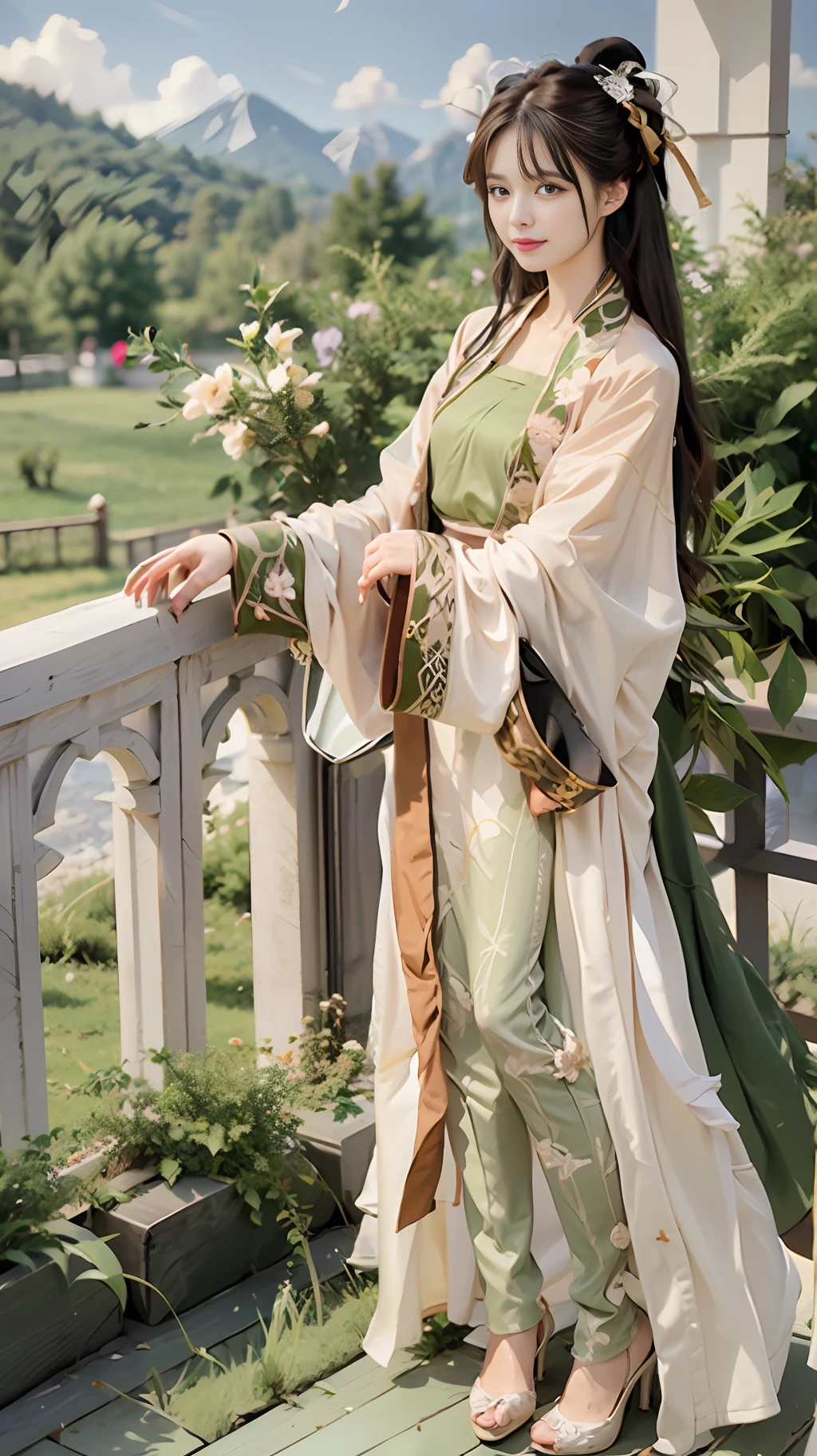 a girl,yuzu,hanfu,light yellow with green with white short shan,yuechan,Panorama,balcony,Distant mountain,Pure,Maiden,Long black hair,Smile,Heavy makeup,Black eyes,Black high heels,