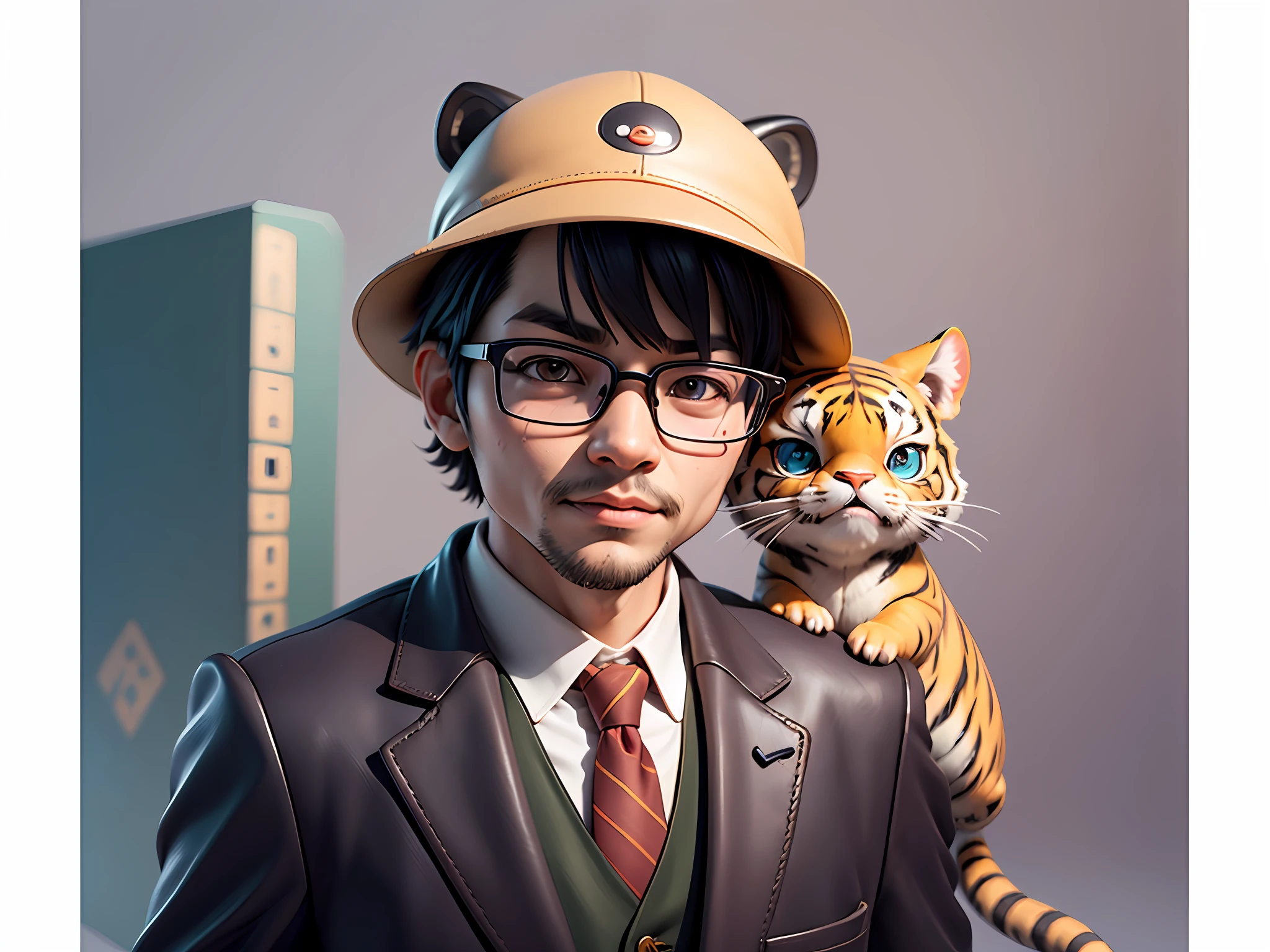 Young man with oriental face in leather hat, tiger, oriental face in formal suit, short black hair, silver glasses, digital painting, 3D character design by Mark Clairedon and Pixar and Hayao Miyazaki and Akira Toriyama, the illustration is a high-definition illustration in 4K resolution with very detailed facial features and cartoon-style visuals.