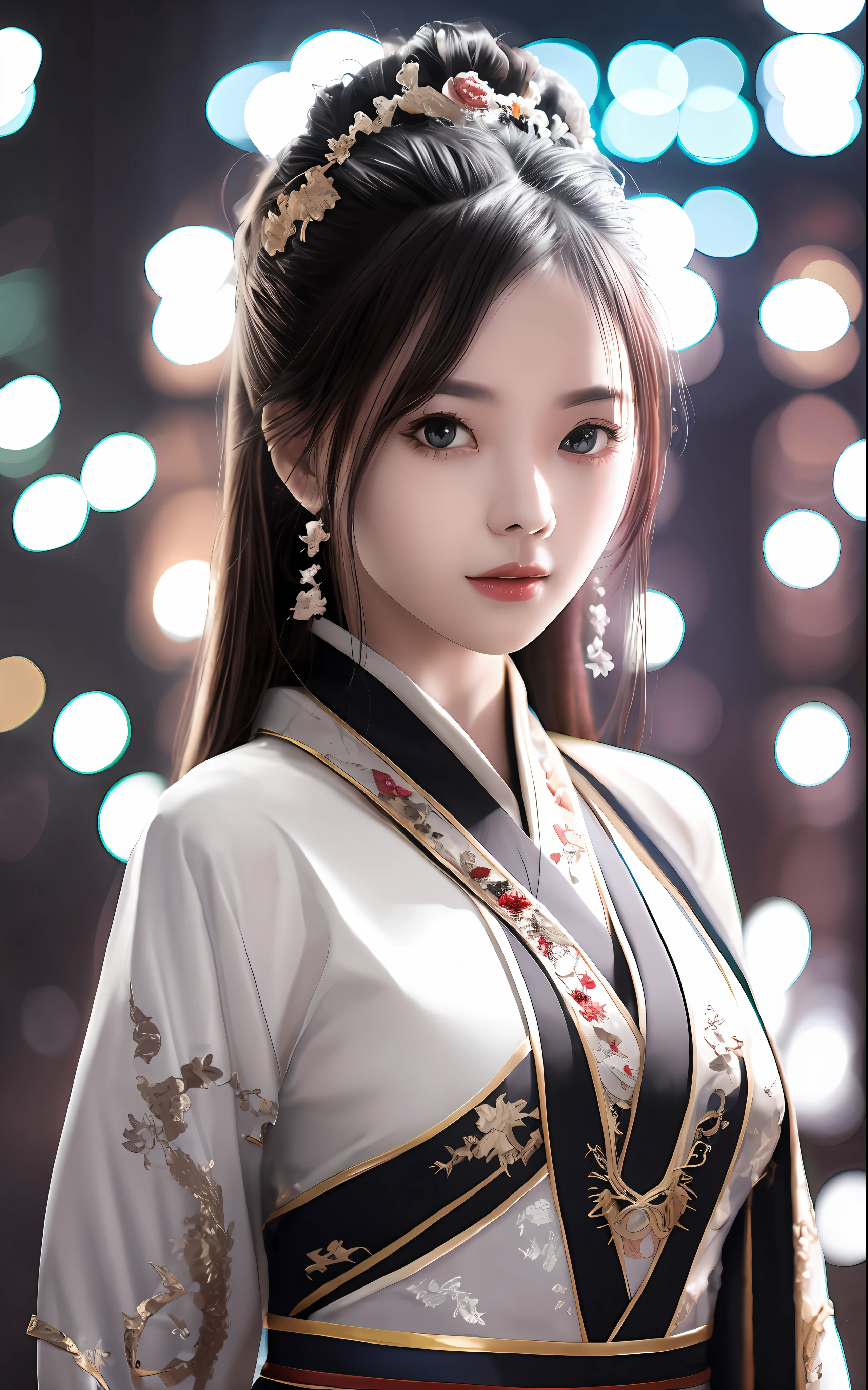 binding,best qualityer, tmasterpiece, A high resolution, Wuxia 1girl, Be red in the face, (seduct smile:0.8), star-shaped bule pupils, Chinese Hanfu, hair adornments, choker necklace, jewely, beautiful face, after sexing_Body, Tyndall effect, realisticlying, Dark Studio, edge lit, twotonelighting, (highdetailskin:1.2), 8K UHD, digital SLR camera, gentle illumination, high high quality, Volumetriclighting, Frankness, photore, A high resolution, 4K, 8K, Bokeh,