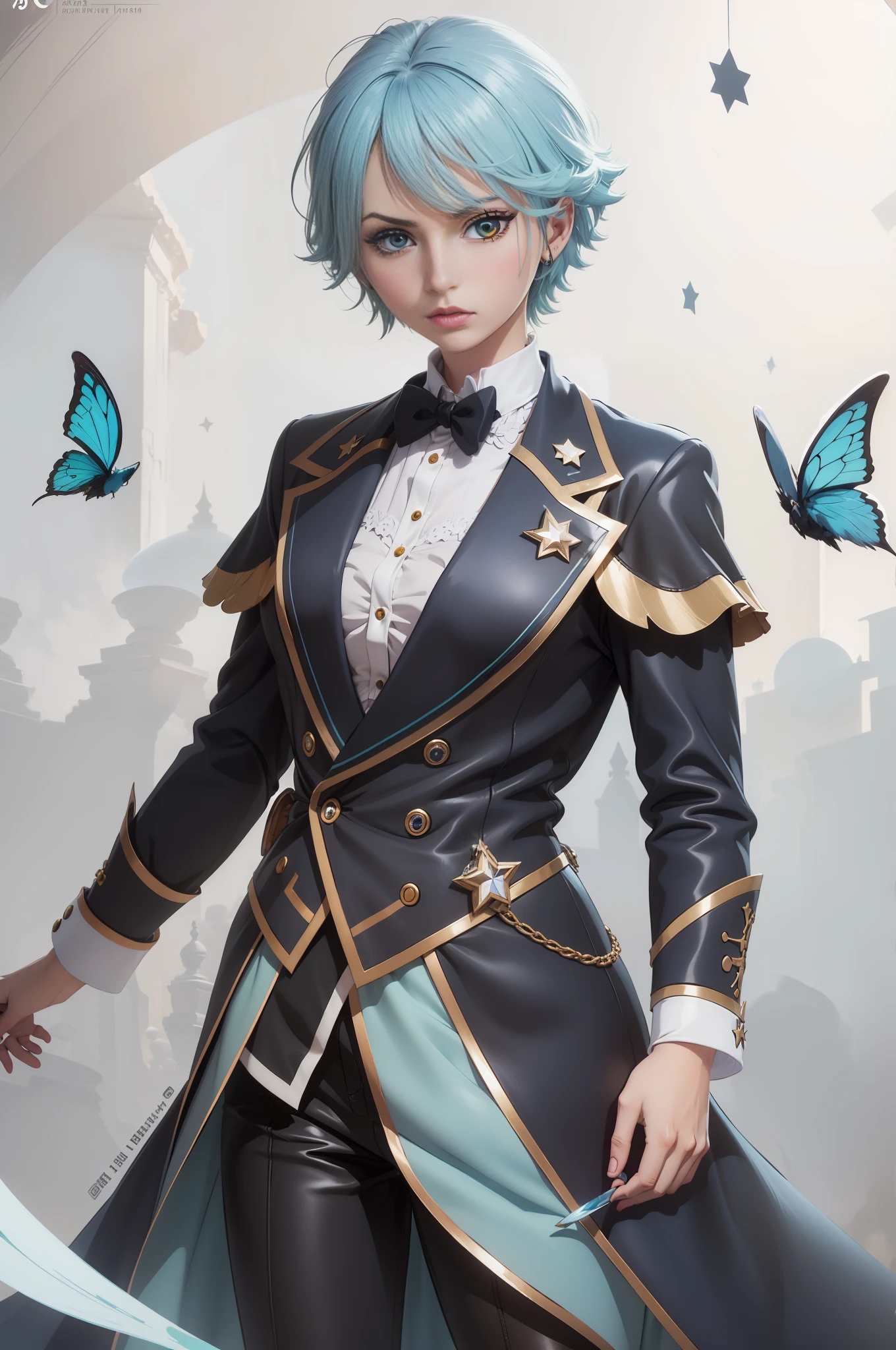 Colored inner hair, Dark blue hair, Black hair, star hair ornament, mismatched pupils, Heterochromia, surrealism, neo-classical, Anime, Gothic art, Ray tracing, character sheets, 8K, Super detail, 16k,shoun