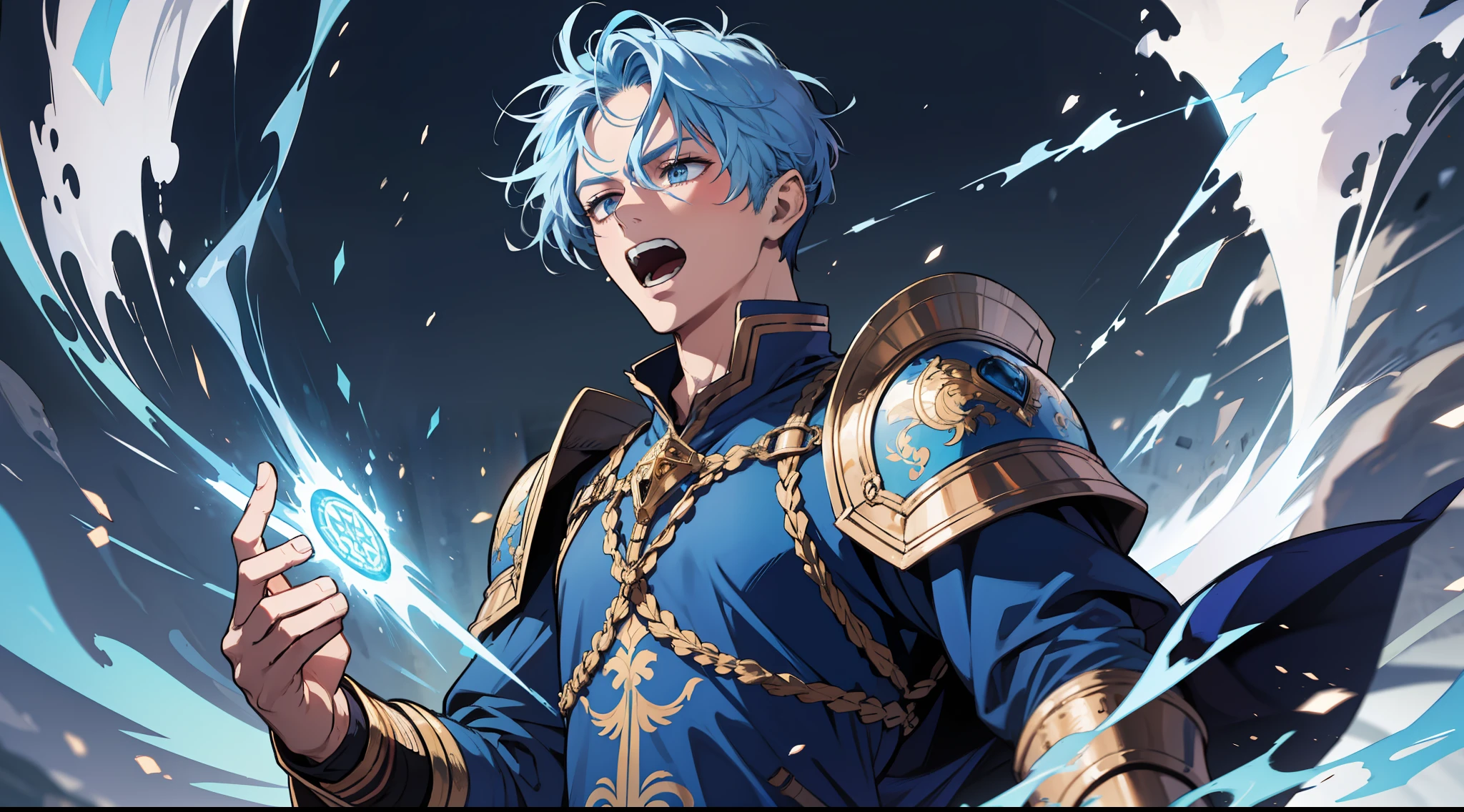 （absurderes，A high resolution），16k，1 man，shoun，blue hairs，Armor，Intricate attire，Western-style Middle Ages，period costume，Open-mouthed，Blue light，magic power，magia，Open-mouthed