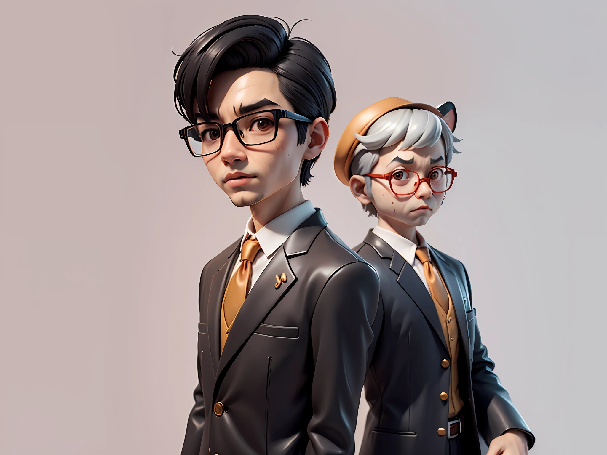 Young man with oriental face in leather hat, tiger, oriental face in formal suit, short black hair, silver glasses, digital painting, 3D character design by Mark Clairedon and Pixar and Hayao Miyazaki and Akira Toriyama, the illustration is a high-definition illustration in 4K resolution with very detailed facial features and cartoon-style visuals.