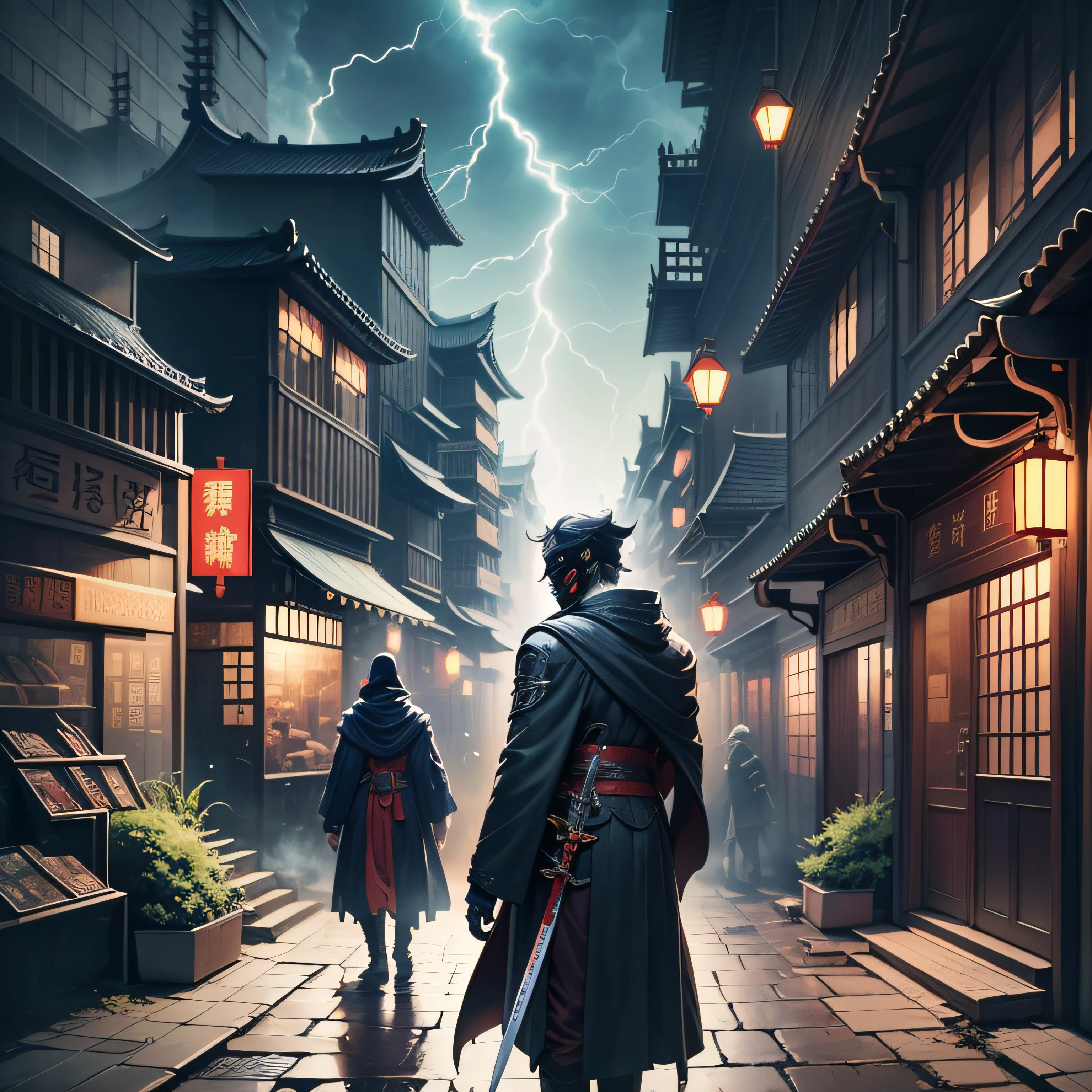 Ancient Chinese architecture，Streets，Night，Many people are fighting in the distance，An anime boy，With a cloak，Wearing a black coat，With a black mask，With a long sword in his hand，Ancient Chinese architecture，Ultra-long viewing angle，Sky lightning