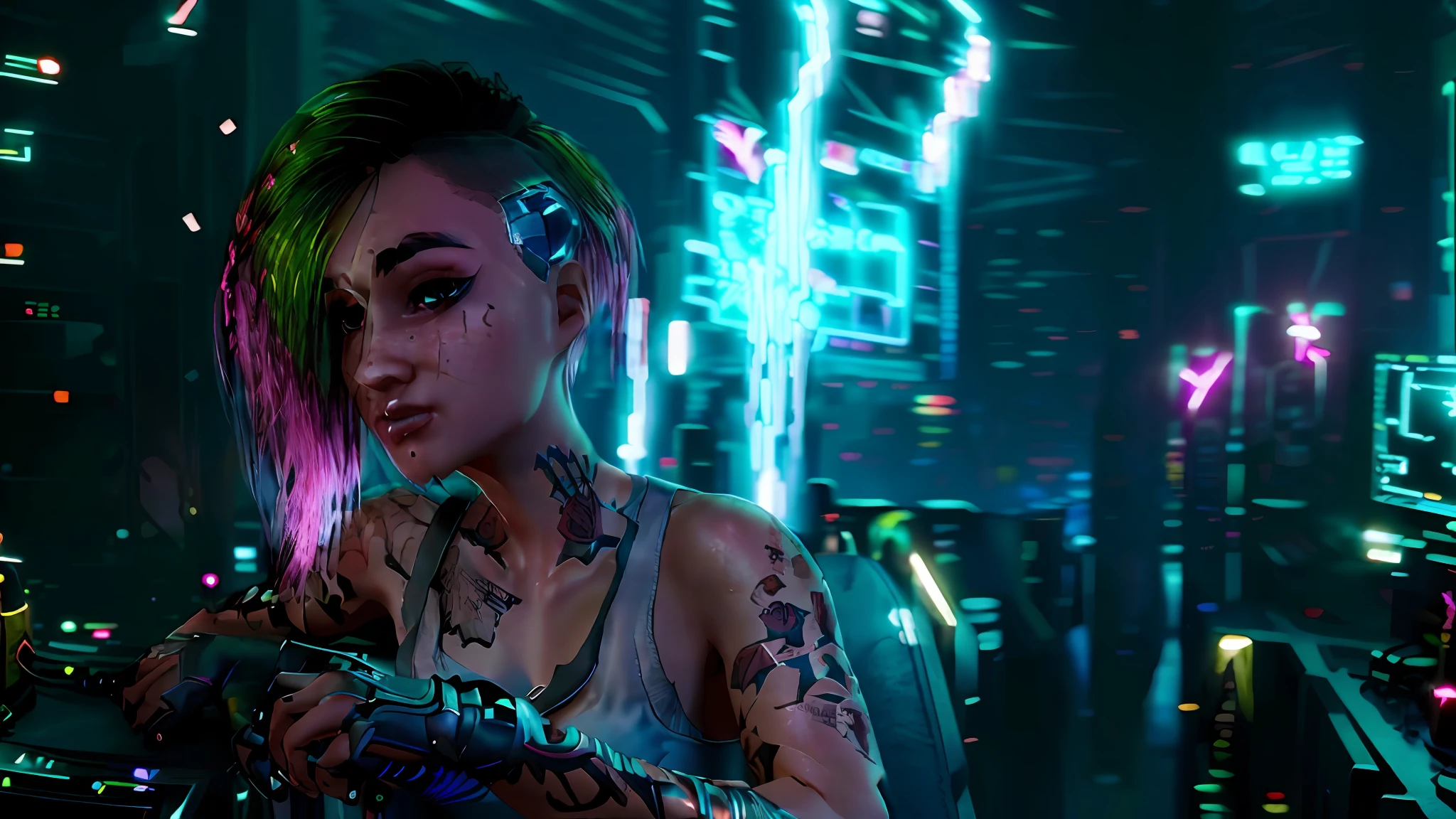 There is a tattooed woman smoking in a dark room, cyberpunk photo, Cyberpunk 2 0 y. o model girl, cyberpunk with neon lighting, cyberpunk lighting, Cyberpunk Style ， Hyperrealistic, Hyper-realistic cyberpunk style, cyberpunk art ultrarealistic 8k, Show on the《cyberpunk 2077》Curly, cyberpunk beautiful girl, in a cyberpunk setting, cyber punk style