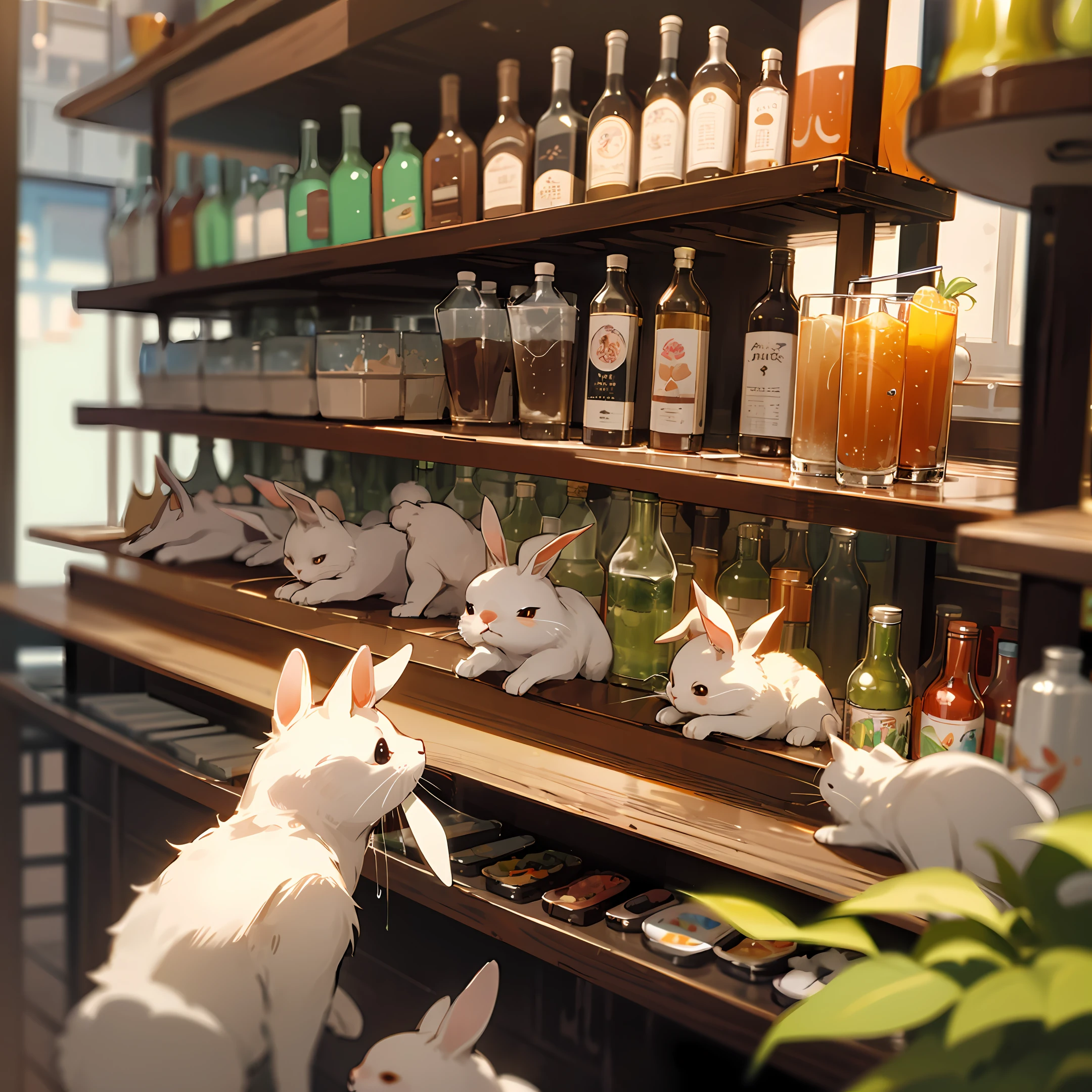 A little rabbit drinking juice at a drink shop