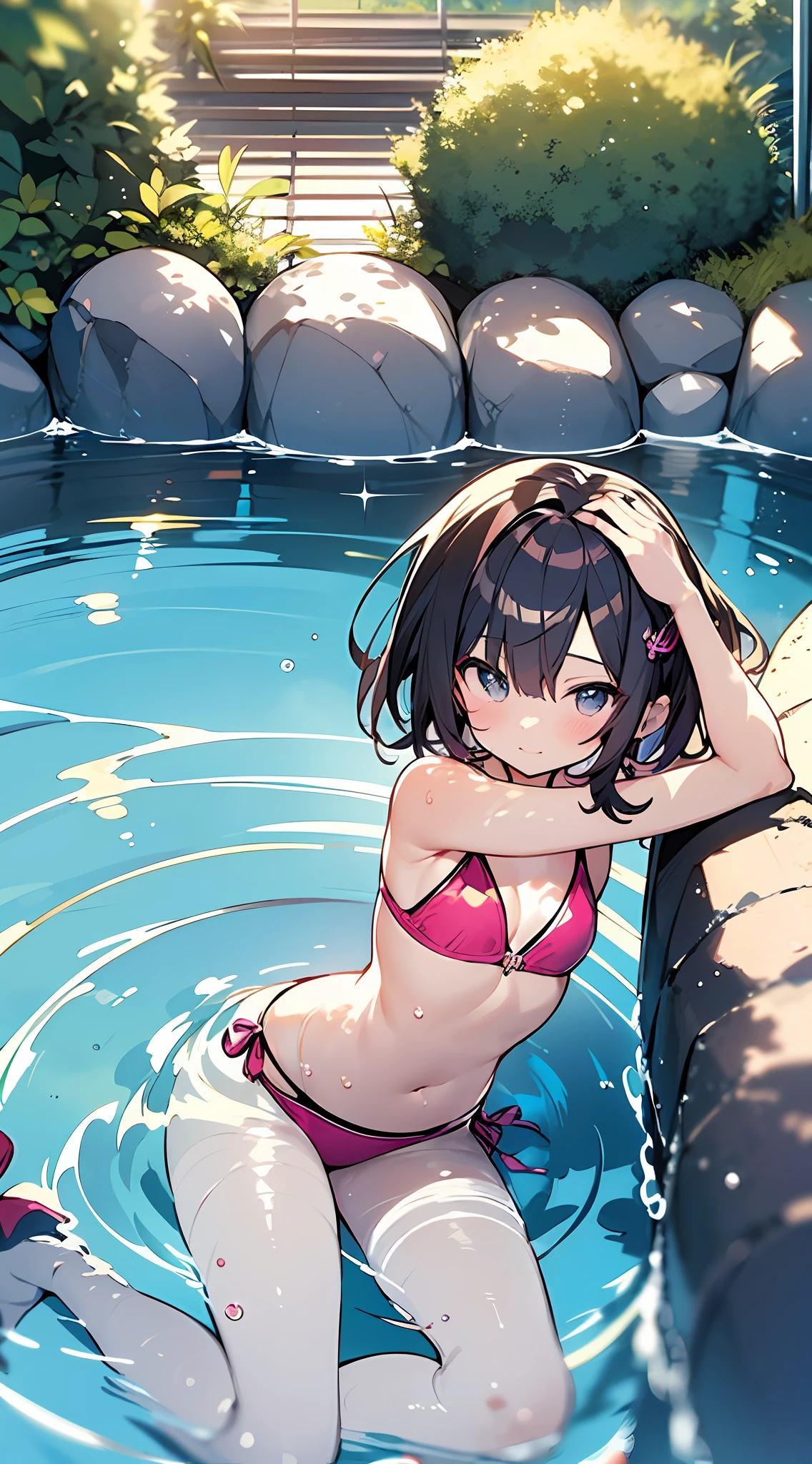 Anime girl in pink bikini, anime moe art style, anime wallpaper, Cute anime girl, Seductive Anime Girl, splash art anime loli, 8k Manga Wallpapers, small curvy loli,  pretty anime girl,((swimming pools))、Beautiful anime girl, (Anime Girl), clean detailed anime art, zerochan art