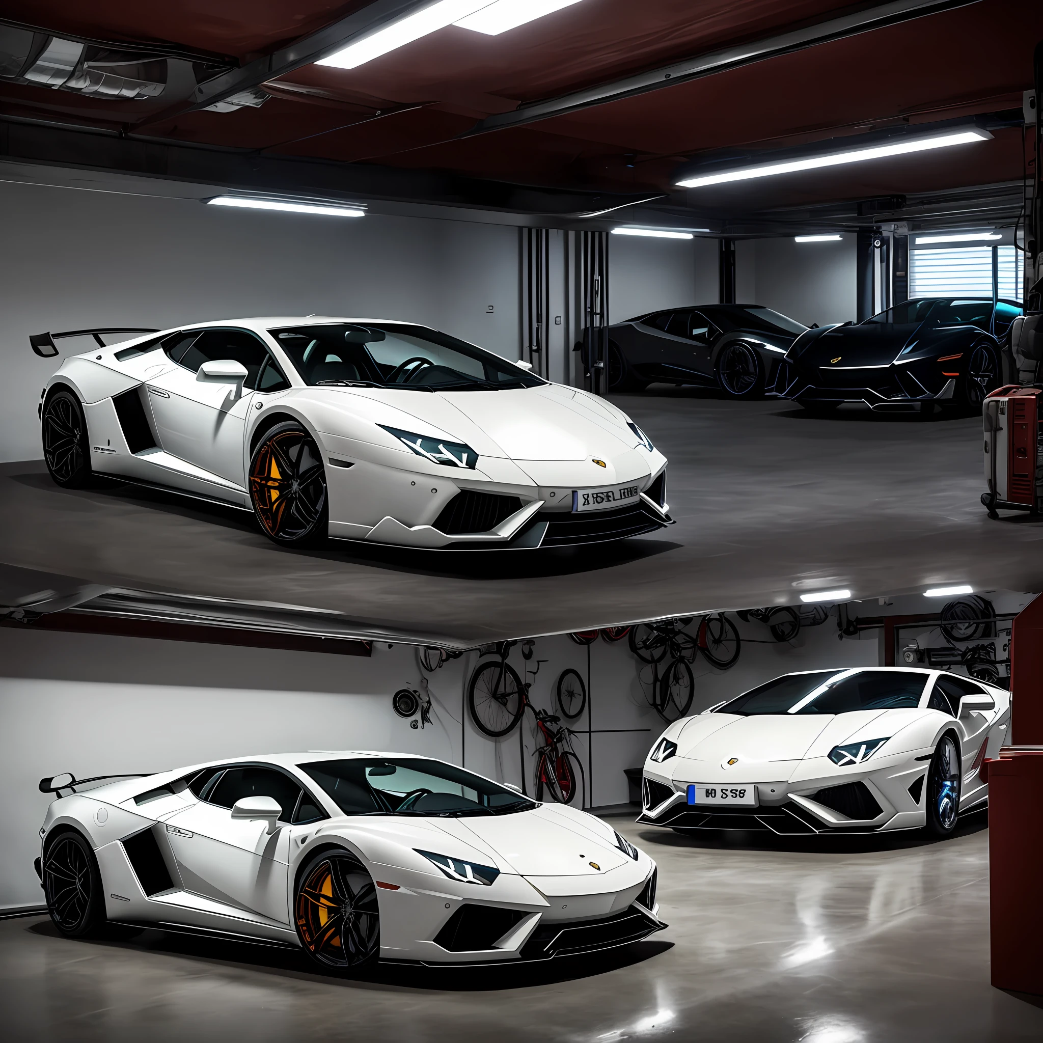 Villa private garage、A white Lamborghini SVJ、A black Lamborghini SVJ、A black Santana、a motorcycle、Glass windows、High-end lighting --auto
