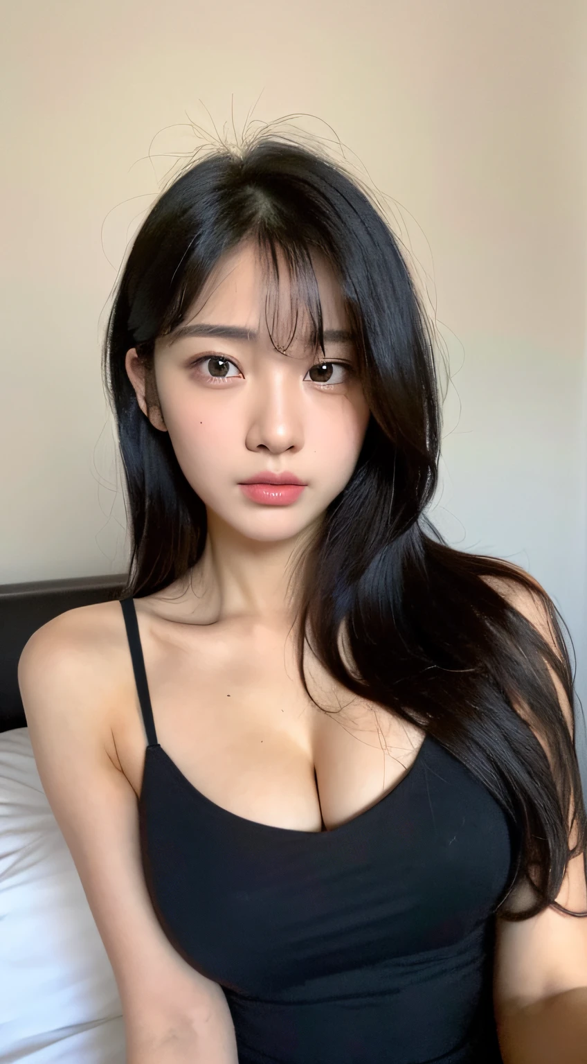 ((Top Quality, 8k, Masterpiece: 1.3)), Beauty, Hide Face, 1 Girl, Beautiful: 1.3, Slender Abs: 1.1, Camisole, Cleavage, Black Hair Long, (While Sitting on the Bed), Ultra Detailed Face, Highly Detailed Lips, Detailed Eyes, Double Eyelids