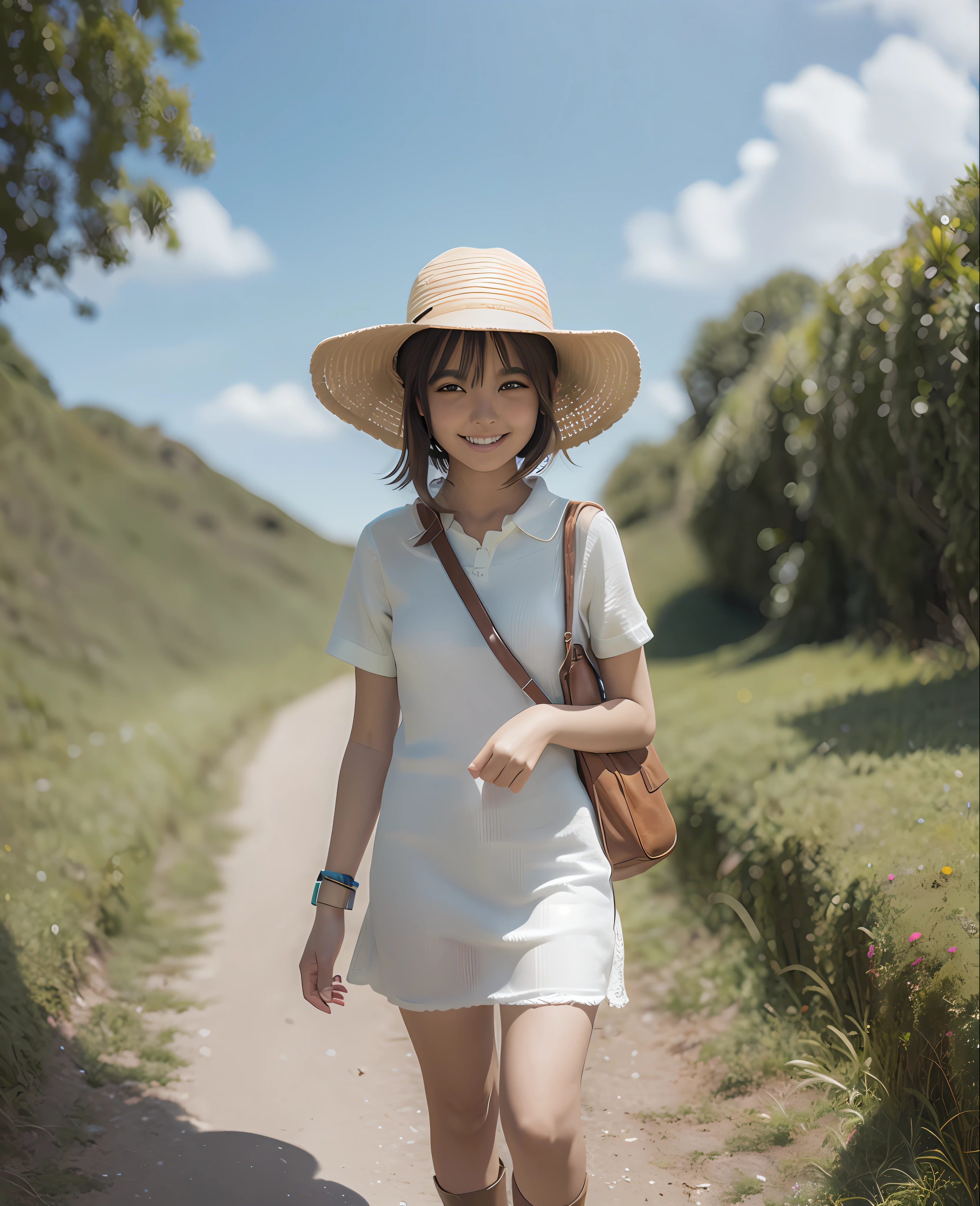 Painting girl of Alafad walking in the field, Cute Mini Girl Female Explorer, Realistic 3D style, Surreal adventure rendering, fantasy matte painting, Cute, artgerm and atey ghailan、realisitic、Live Action、a smile、17 year old girl