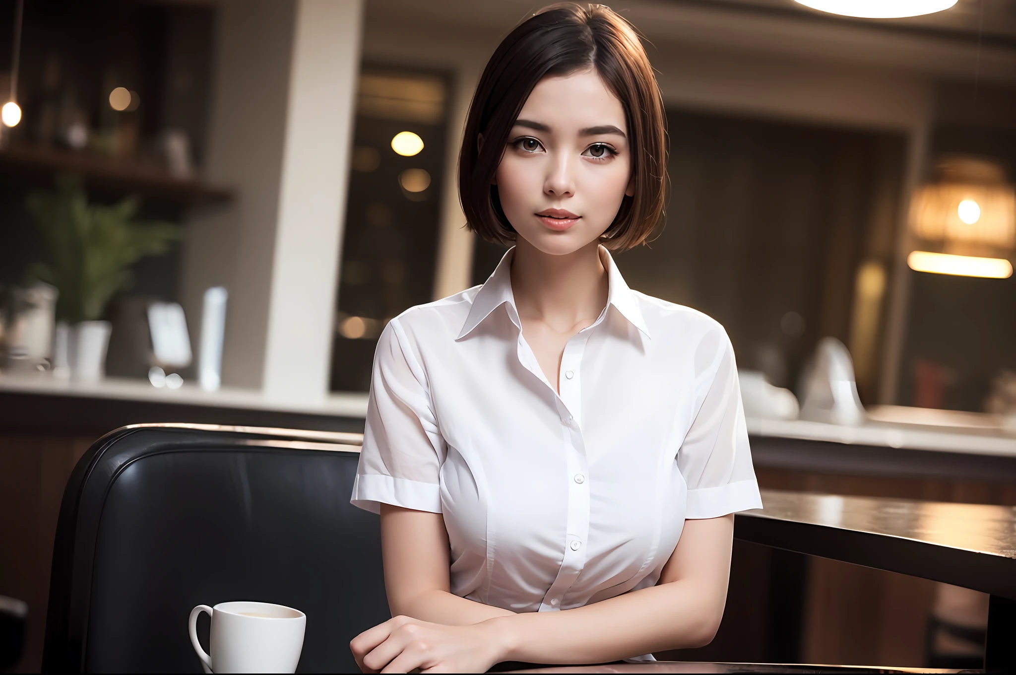 (8k, Best Quality, Masterpiece: 1.2), (Realistic, Photorealistic: 1.37), Super Detailed, 1 Girl, Cute, Alone, Beautiful Detailed Sky, Detailed Cafe, Night, Sitting, Date, ( Nose blush), (smile: 1.15), (close mouth) small breasts, beautiful details, (collared shirt: 1.1), night, wet, business wear, rain, white lace, (short hair: 1.2), floating Hair NovaFrogStyle,