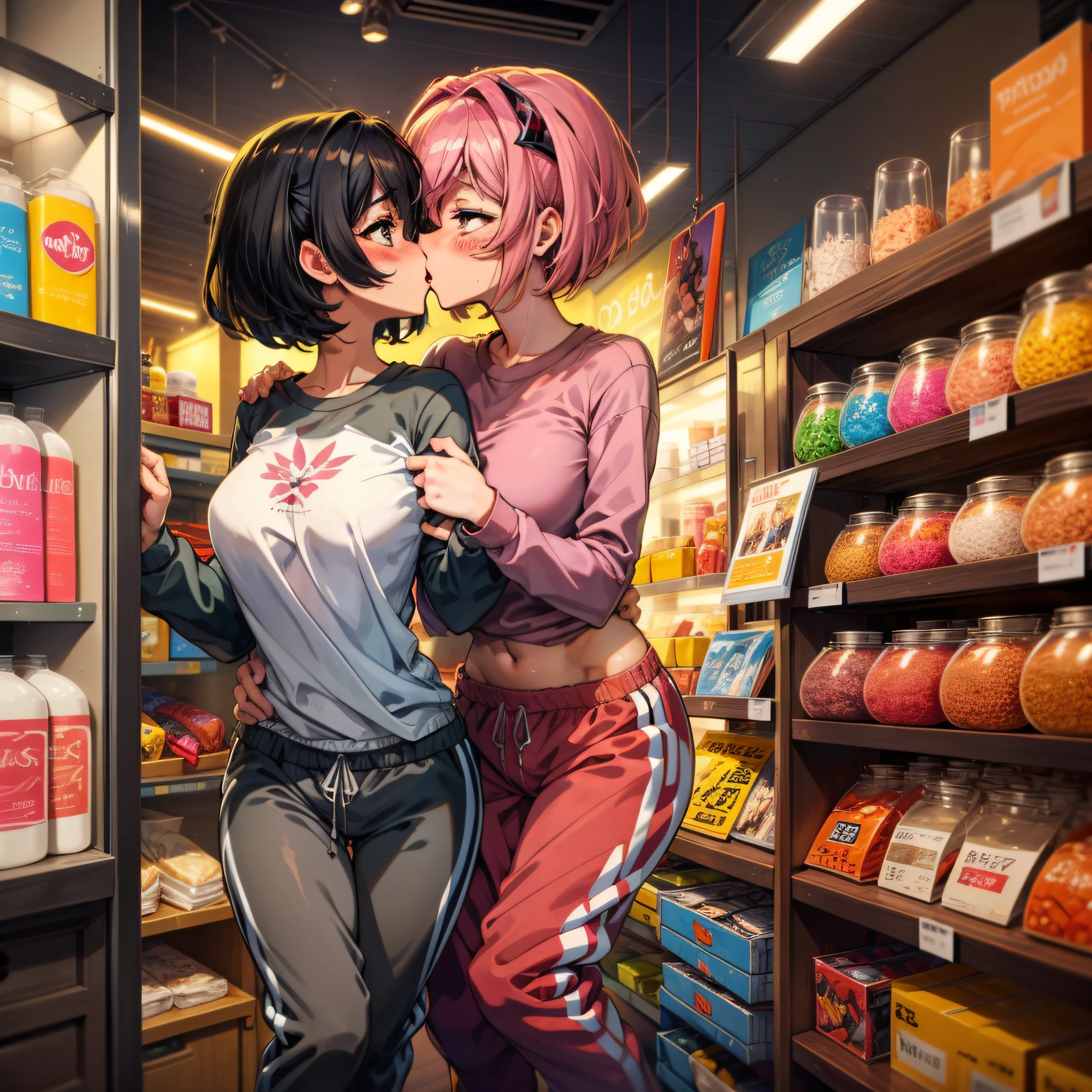 Inside the  shop、femele２a person、obscenity:1,2、Metamorphosis:1,2、Lesbian Mika:1,2、Grabbing each other's buttocks、the kiss、red blush、Joggers、、tre anatomically correct