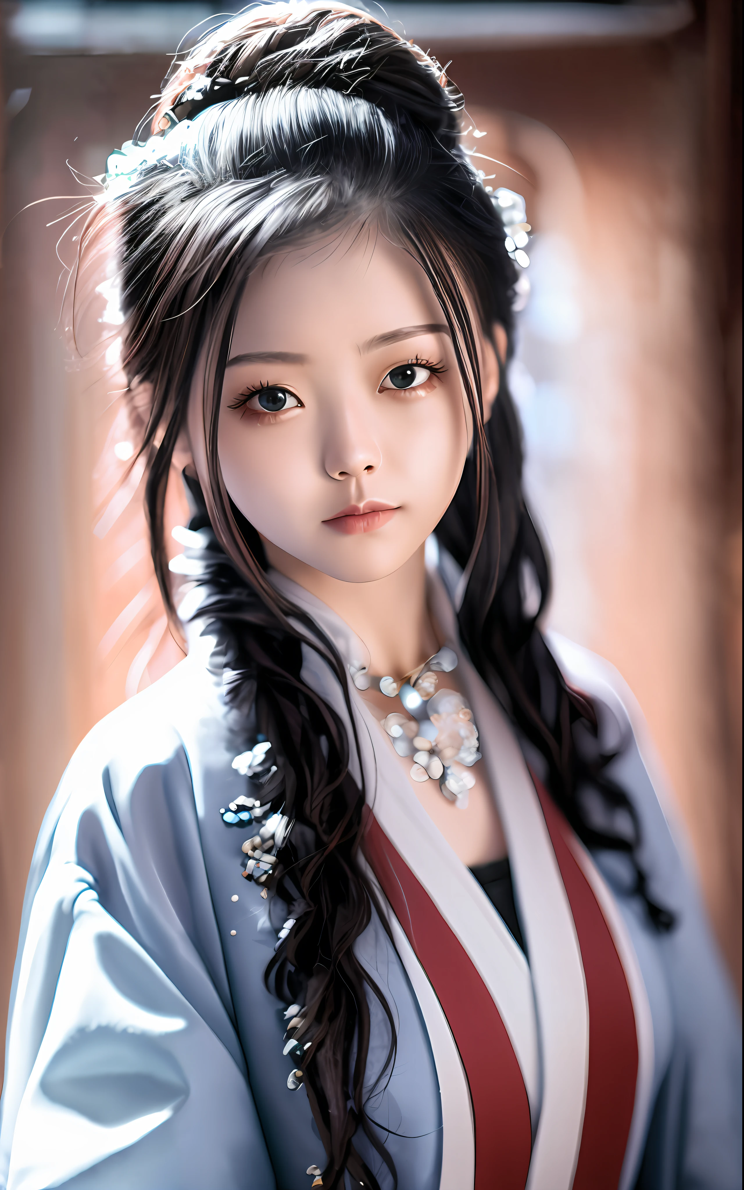 binding,best qualityer, tmasterpiece, A high resolution, Wuxia 1girl, Be red in the face, (seduct smile:0.8), star-shaped bule pupils, Chinese Hanfu, hair adornments, choker necklace, jewely, beautiful face, after sexing_Body, Tyndall effect, realisticlying, Dark Studio, edge lit, twotonelighting, (highdetailskin:1.2), 8K UHD, digital SLR camera, gentle illumination, high high quality, Volumetriclighting, Frankness, photore, A high resolution, 4K, 8K, Bokeh,