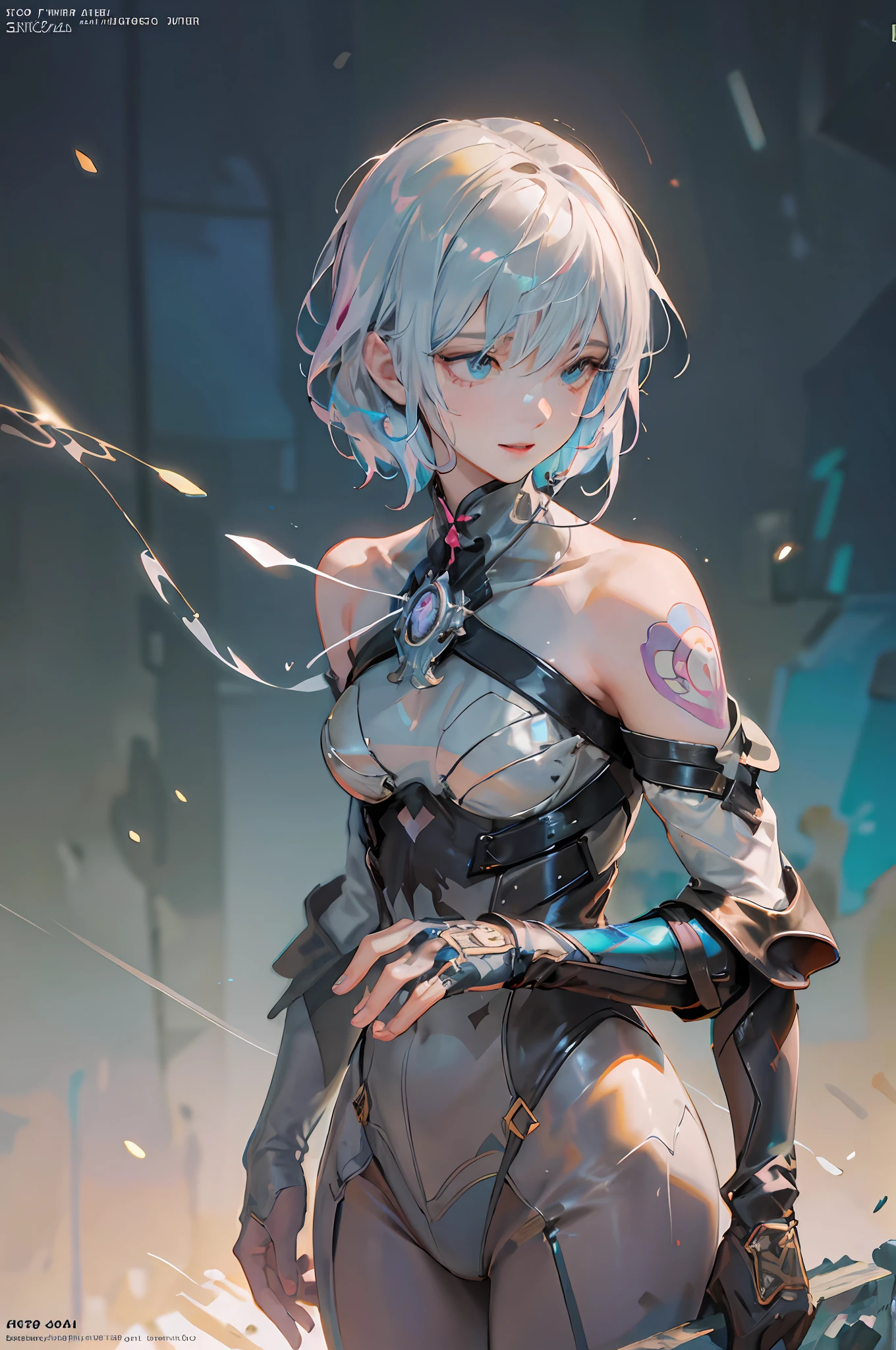 small busts，shoulder length messy hair，White lace stockings on the legs，Beautiful face in detail，Detailed beautiful eyes，Shieid，cheerfulness，smail，Super detailed skin，Beautiful slim style anime girl，Super detailed drawing，Luminism，Art concept art by Kahngriffith and Vadim Kashin，4K分辨率，Fractal isometric detail bioluminescence，3Drenderingof，rendering by octane， intricately details，cinematic ligh，Trending in artstation isometric center surreal cover photo awesome full color，handpainted，leathery，Realistic Mucha，iintricate，hit definition，cinematic ligh，Rough sketch，Bold lines，On paper