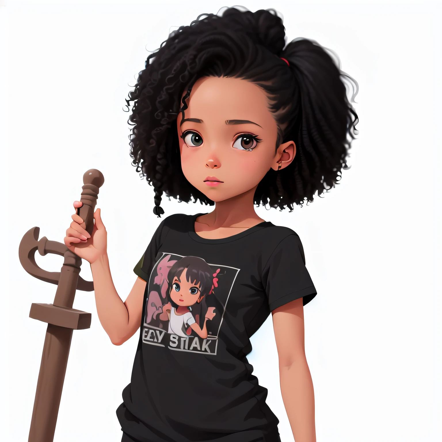 ((menina)), (mulher) (6 anos), ((feminina)), ((negra)) medium braided hair, cor do cabelo preto, olhos castanhos claros, children's animation,animation 6 years, Estilo anime, de (corpo inteiro), fundo branco,  6 yearsto detalhado, rosto perfeito, ((menina)), (mulher), negra, rosto e corpo feminino, camisa fechada, ((menina de 6 anos)), segurando um graveto brilhante, magic stick, braided curly hair, ((Girl child of 6