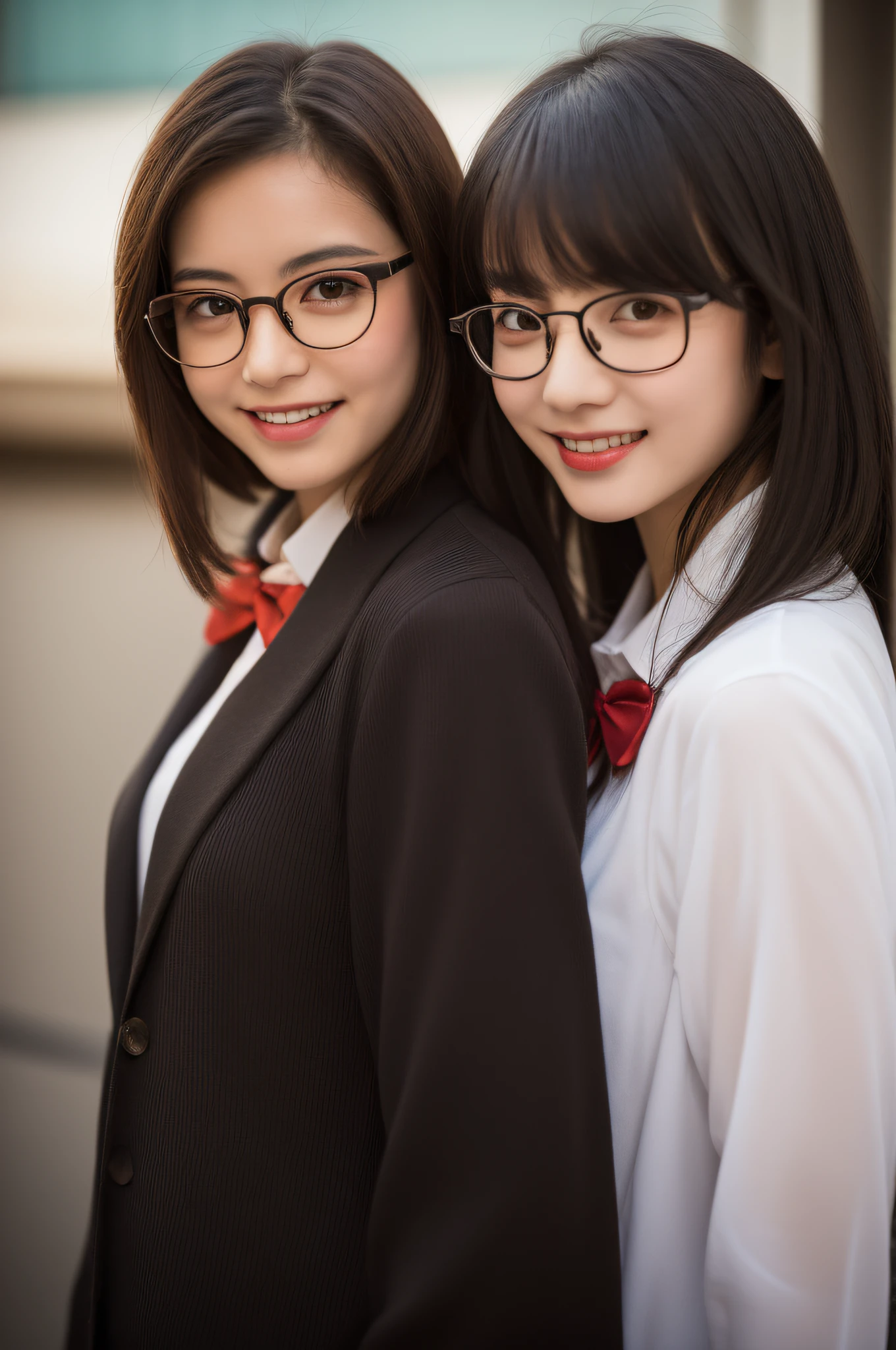 (RAW photo, best quality), (realistic, photo-realistic:1.2), a close up portrait photo,
1girl, shopping mall rooftop cafe, outdoor,
smile, (high detailed skin:1.4),
puffy eyes, gorgeous hair, air bangs, brown black hair,
white opaque shirt with bow tie, pure red pleated skirt,
soft lighting, high quality,((glasses))