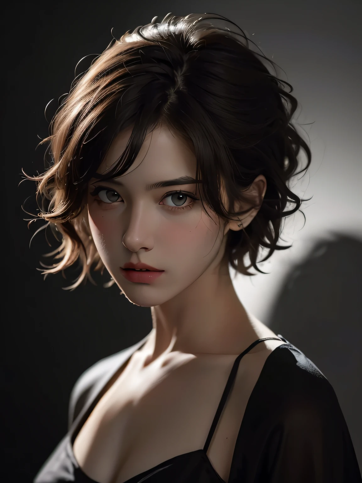 Best quality, masterpiece, ultra high res, (photorealistic:1.5), raw photo, 1girl, offshoulder, in the dark, deep shadow, low key, cold light, sexy look, short hair
