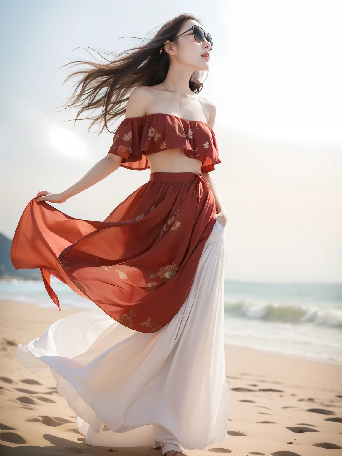 (top Quority,8K,tmasterpiece,:1.3),Beautiful woman with perfect figure,standing on your feet,The most delicate Chinese beauty,Straight long black hair,most exquisite,Regular facial features,The most beautiful girl,cropped shoulders,Beautiful girl standing on the shore,Lunette de soleil,downy,dreamlike quality,light white and dark brown,Exaggerated features,solidcolor,Frank holly,Light gray and light brown,Naturally moving,realisticlying,超高分辨率,Photorealistic feeling