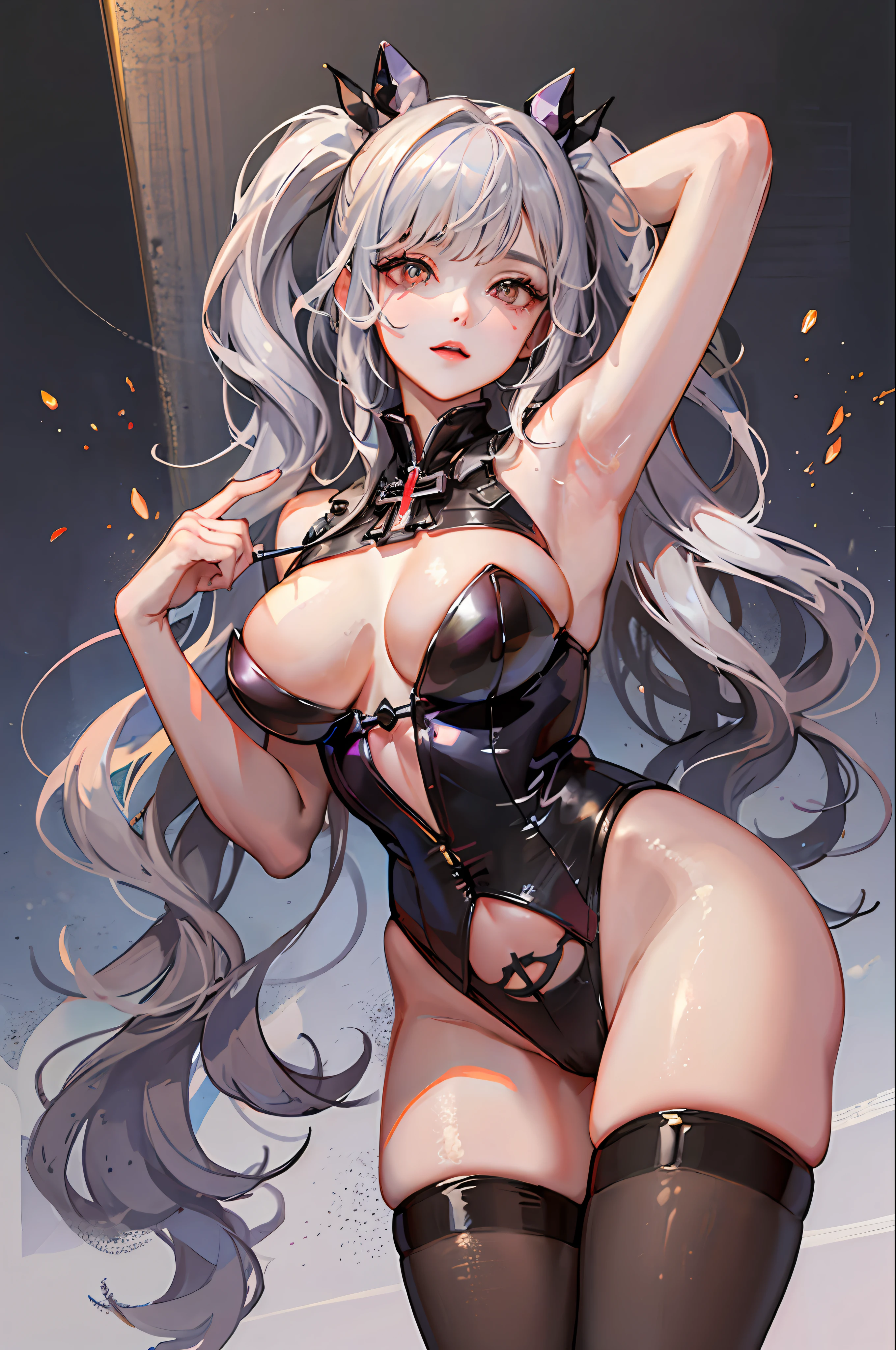 1个Giant Breast Girl!Ray traching,Best shadow,A high resolution(dim murky lights)detailedbackground(liveroom)Fluffy silver hair,plump and slender girl,Avoid golden eyes in the ominous living room(The girls all wore transparent white stockings),It shows a delicate and slender figure and beautiful curves,Limbs with correct and reasonable position!hand behind head,Stand dignified,detail in face!Delicate facial features,Pay attention to the details of the position of the legs!Pay attention to hand details!high high quality!More eligible!Reduce errors!Painting is more elaborate,Ultra-detailed CG,The picture is more reasonable!Pay attention to finger details!8k wallpaper,tmasterpiece,Double pupil details!Reduce binocular differences!Limit the number of fingers!
