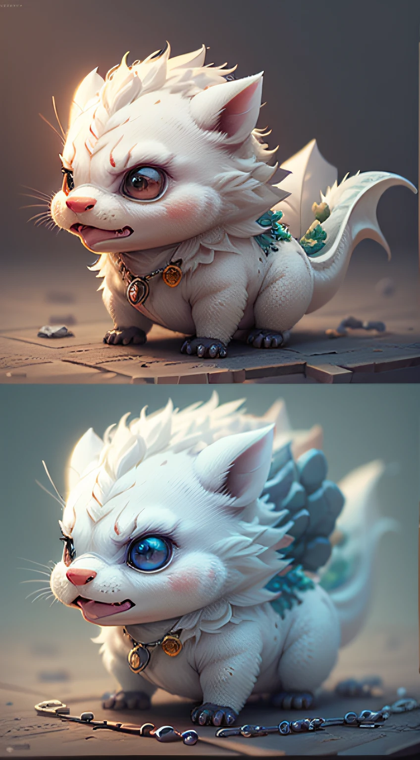 Cute hyper-realistic little white dragon, eyes of different colors, wearing a necklace, exaggerated expressions, humanized movements, chibi, cute and fluffy, logo design, cartoon, movie lighting effects, charming, 3D vector art, cute quirky, fantasy art, background blurring, hand drawing, digital painting, soft lighting, isometric style, 4K resolution, realistic rendering, highly detailed and clean, vector images, realistic masterpieces, professional photography, simple space background, flat white background, isometric, vibrant vector