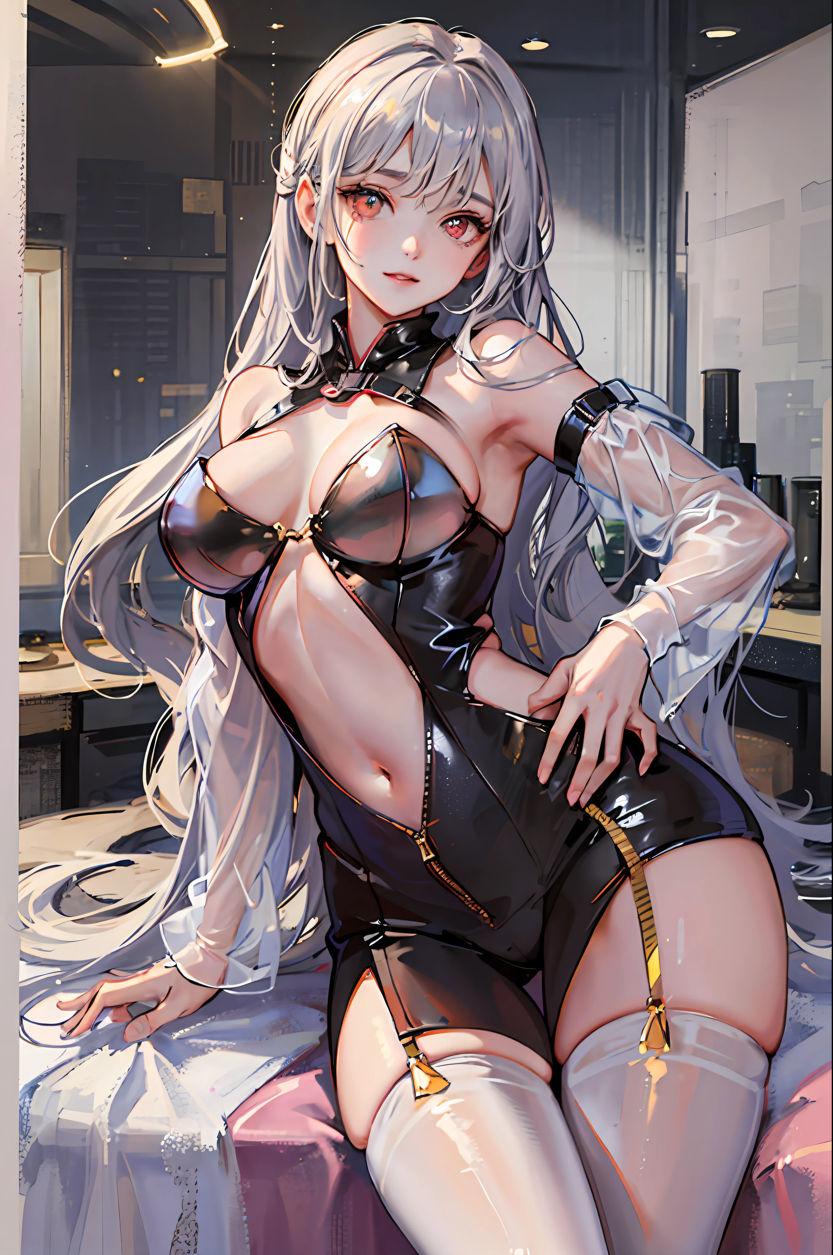 1个Giant Breast Girl!Ray traching,Best shadow,A high resolution(dim murky lights)detailedbackground(liveroom)Fluffy silver hair,plump and slender girl,Avoid golden eyes in the ominous living room(The girls all wore transparent white stockings),It shows a delicate and slender figure and beautiful curves,Limbs with correct and reasonable position!hand behind head,Stand dignified,detail in face!Delicate facial features,Pay attention to the details of the position of the legs!Pay attention to hand details!high high quality!More eligible!Reduce errors!Painting is more elaborate,Ultra-detailed CG,The picture is more reasonable!Pay attention to finger details!8k wallpaper,tmasterpiece,Double pupil details!Reduce binocular differences!Limit the number of fingers!