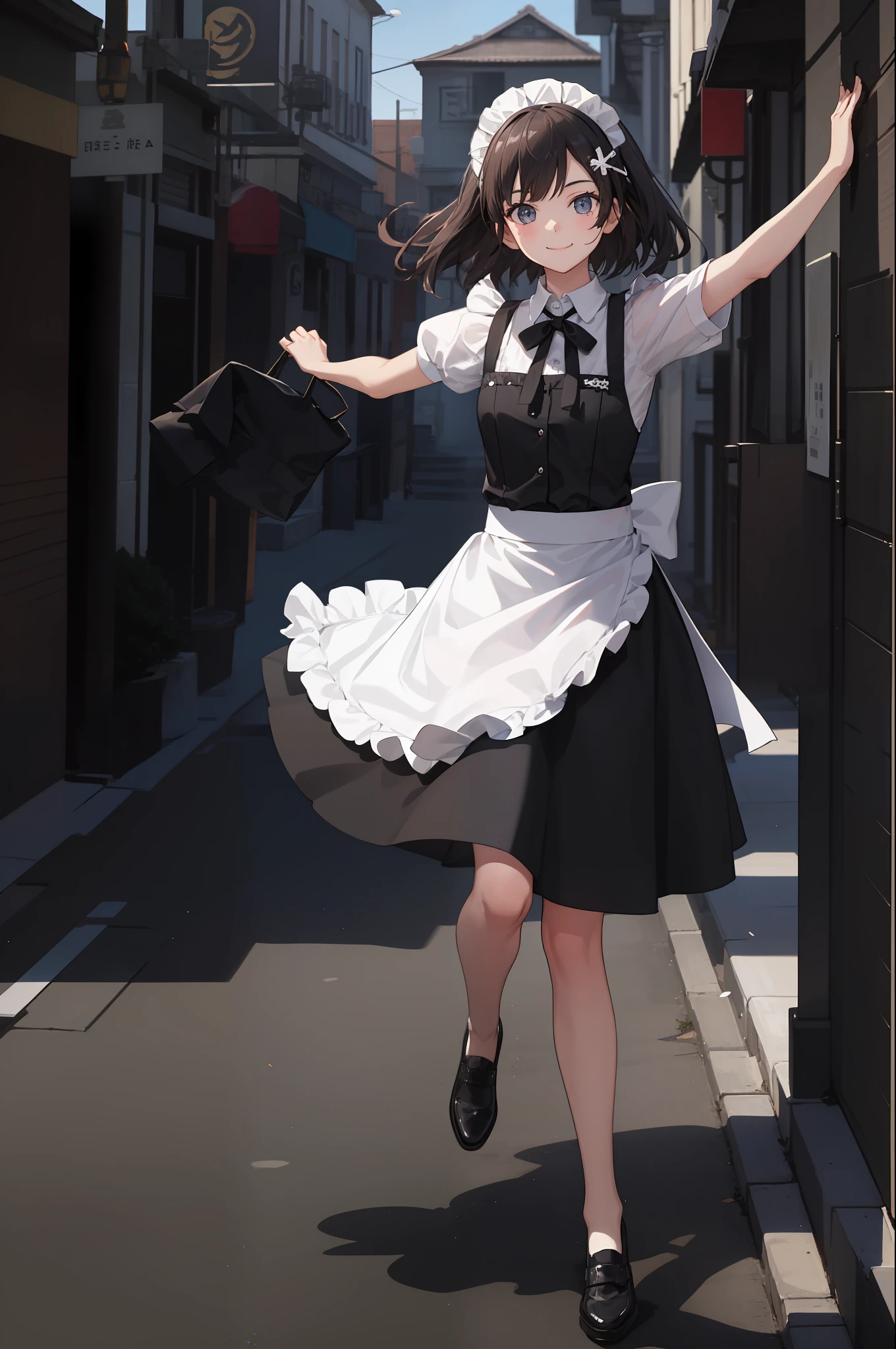 1 girl, smiling, skirt, (small) chillerism, dress, apron,,,,,,、 maid,,,,,,,,、 hair ornament, running briskly,