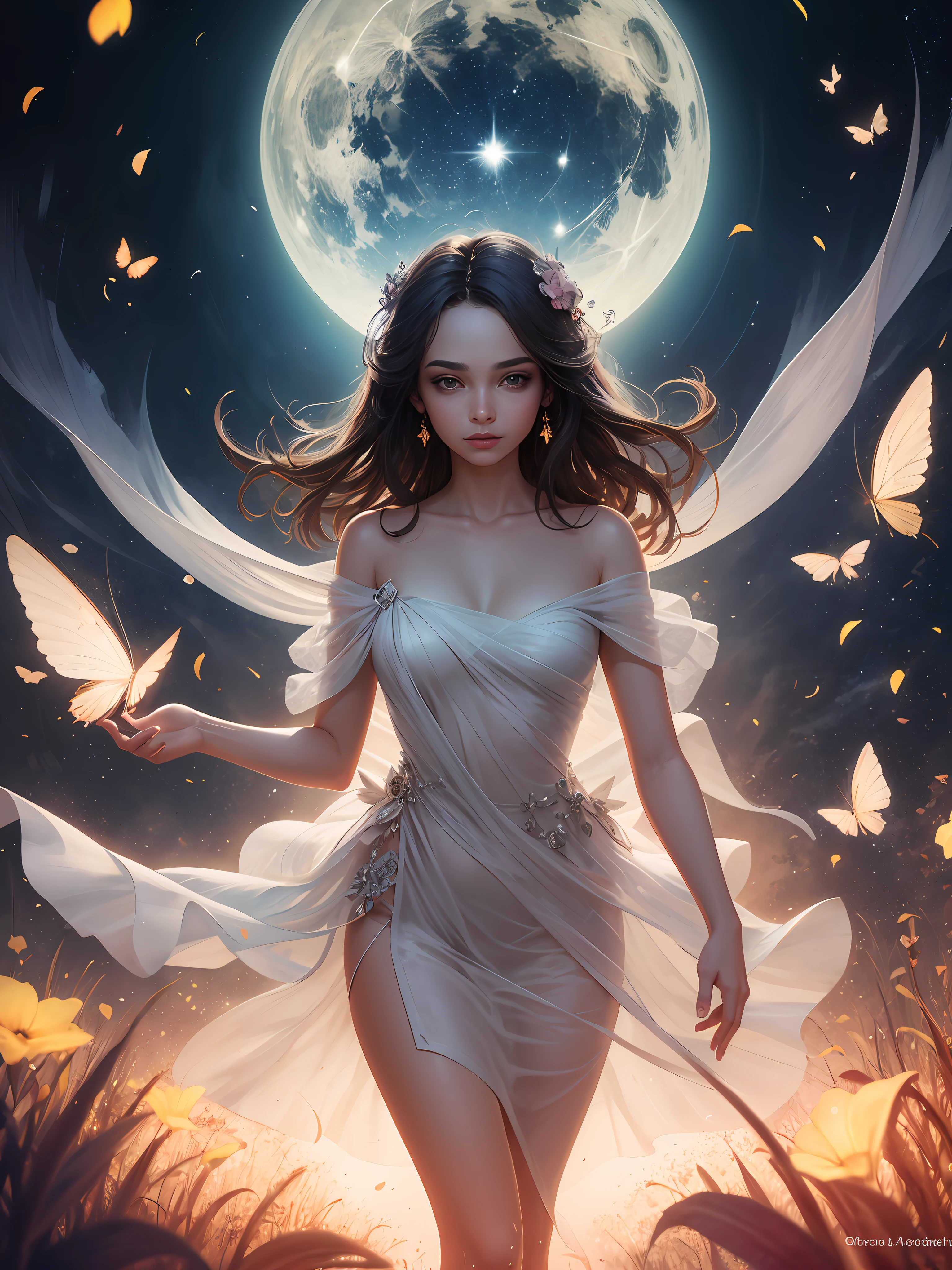 1girl, solo, full body, (masterpiece:1.21), (best quality:1.2), colorful, (illustration:1.2), (cinematic lighting:1.1), (bare shoulders:1.21), (collarbone:1.21) in this whimsical A beautiful and dreamlike garden, the scene is illuminated by a rainbow (colorful fireflies) dancing in the air. Pastel (drizzle) adorns the garden, creating a hazy and ethereal atmosphere. In the center of the picture, stands a single girl, an extremely beautiful girl, with lovely facial features and an innocent expression. Her long hair fluttered in the wind. She wore a low-cut strapless dress that accentuated her curves. The lighting is very delicate and beautiful, creating a soft warm glow that accentuates the water and makes it sparkle like a diamond. The finest grasses are also illuminated to create a lush carpet. The garden is surrounded by colorful flower fields with flowers of all colors and shapes. Various colors and sizes (coloured butterflies) can be seen flying around the scene, adding to the overall sense of wonder and magic. (Everyone, judges), a blush can be seen on the bridge of the nose, and the mouth is slightly opened, which adds to the overall sense of innocence and youth. Falling petals can be seen waving around her, adding to the overall sense of romance and beauty. The breeze is blowing, the leaves are rustling, and the flowers are swaying, adding to the overall dynamism and vitality. It is a scene of pure wonder and magic, full of color and beauty, where the viewer can lose themselves in this enchanting and captivating world.