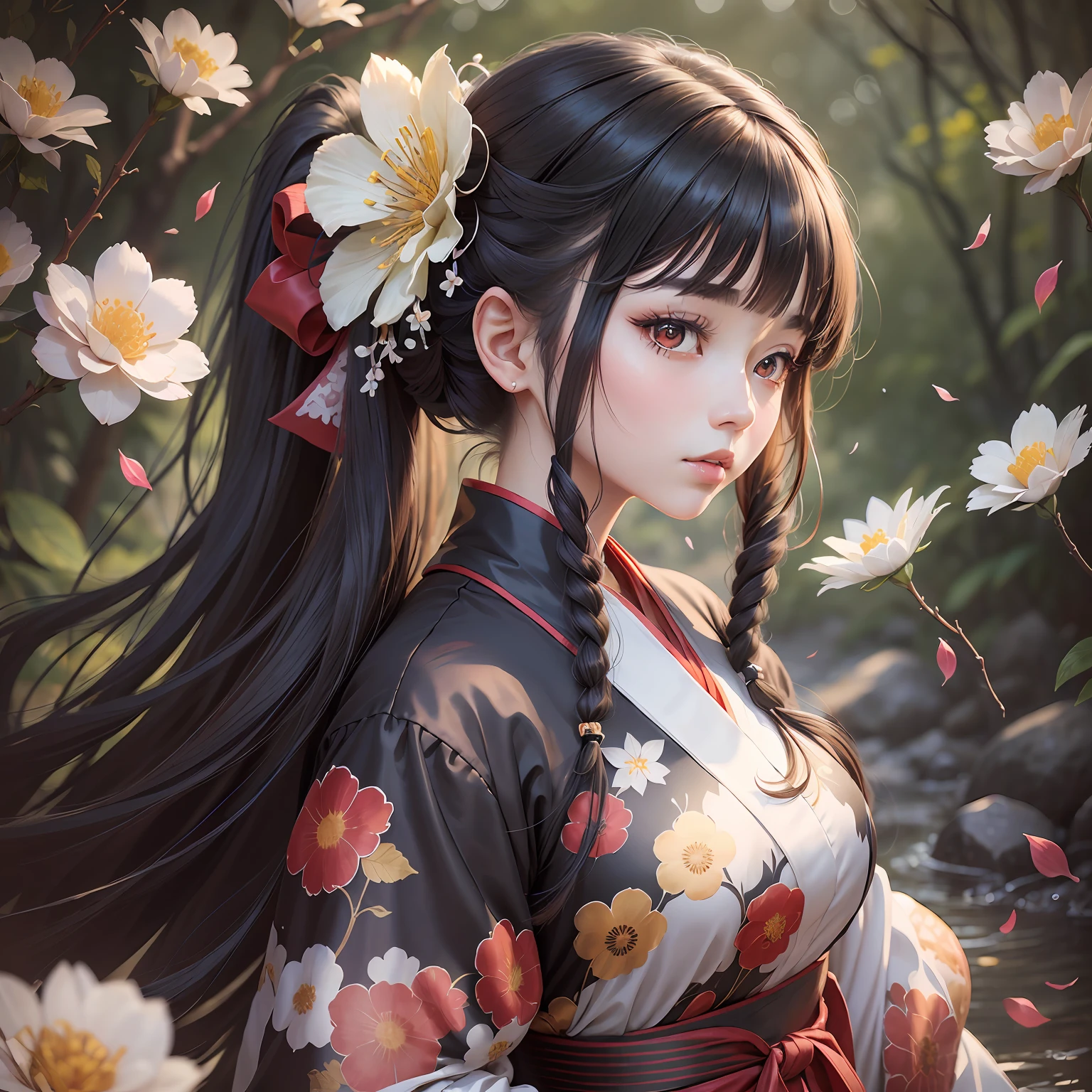 tmasterpiece,Need,hoang lap,Original,Exquisite,Beautiful and delicate eyes and face,1girl,black_hair,flower,japanese_clothes,looking_at_viewer,mole,red_flower,solo,(masterpiece:1.4),(best quality:1.4) face round, Royal sister, adolable, Good figure Urban college student uniform Sweet long hair fluttering --auto