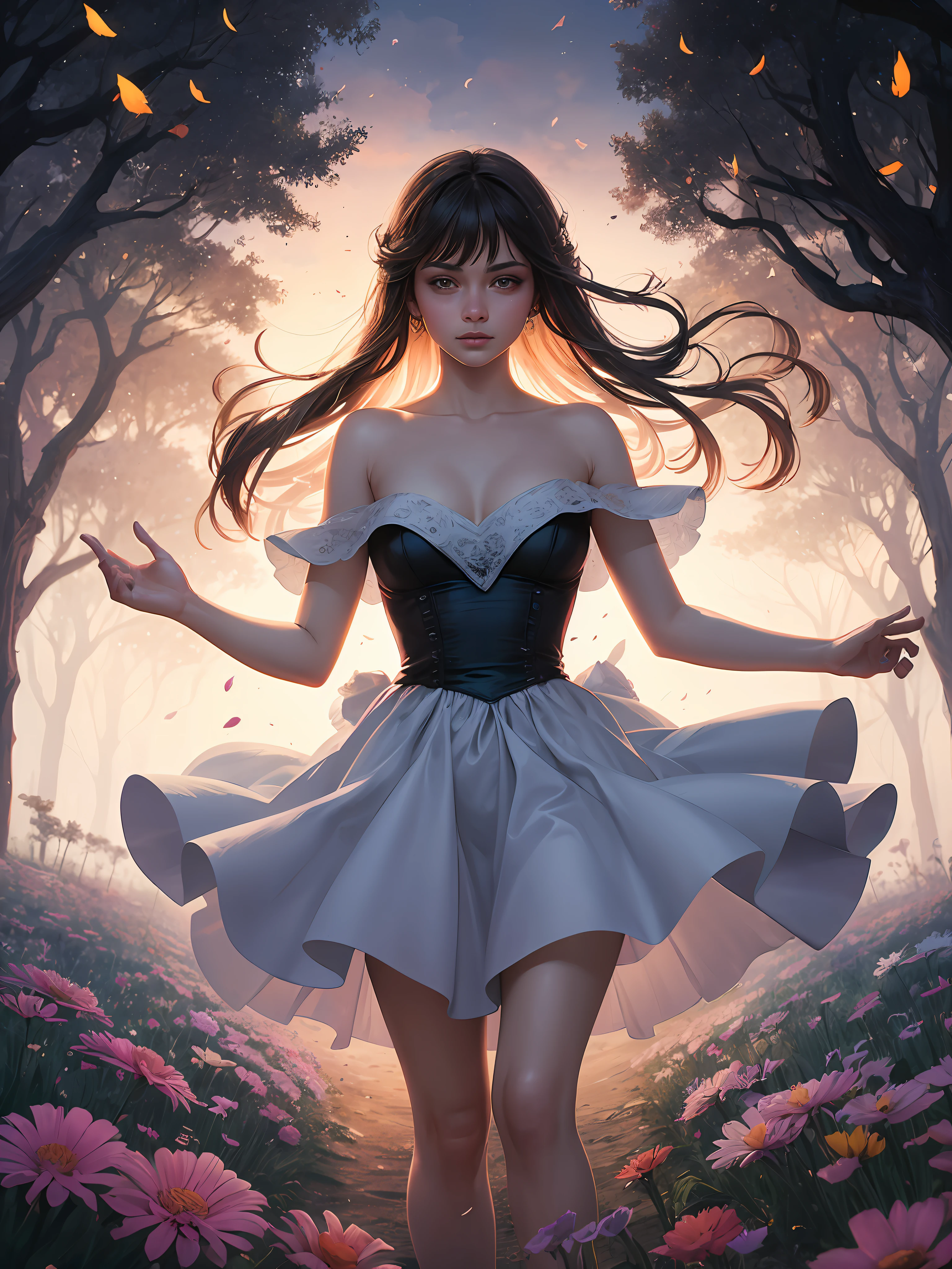 1girl, solo, full body, (masterpiece:1.21), (best quality:1.2), colorful, (illustration:1.2), (cinematic lighting:1.1), (bare shoulders:1.21), (collarbone:1.21) in this whimsical A beautiful and dreamlike garden, the scene is illuminated by a rainbow (colorful fireflies) dancing in the air. Pastel (drizzle) adorns the garden, creating a hazy and ethereal atmosphere. In the center of the picture, stands a single girl, an extremely beautiful girl, with lovely facial features and an innocent expression. Her long hair fluttered in the wind. She wore a low-cut strapless dress that accentuated her curves. The lighting is very delicate and beautiful, creating a soft warm glow that accentuates the water and makes it sparkle like a diamond. The finest grasses are also illuminated to create a lush carpet. The garden is surrounded by colorful flower fields with flowers of all colors and shapes. Various colors and sizes (coloured butterflies) can be seen flying around the scene, adding to the overall sense of wonder and magic. (Everyone, judges), a blush can be seen on the bridge of the nose, and the mouth is slightly opened, which adds to the overall sense of innocence and youth. Falling petals can be seen waving around her, adding to the overall sense of romance and beauty. The breeze is blowing, the leaves are rustling, and the flowers are swaying, adding to the overall dynamism and vitality. It is a scene of pure wonder and magic, full of color and beauty, where the viewer can lose themselves in this enchanting and captivating world.