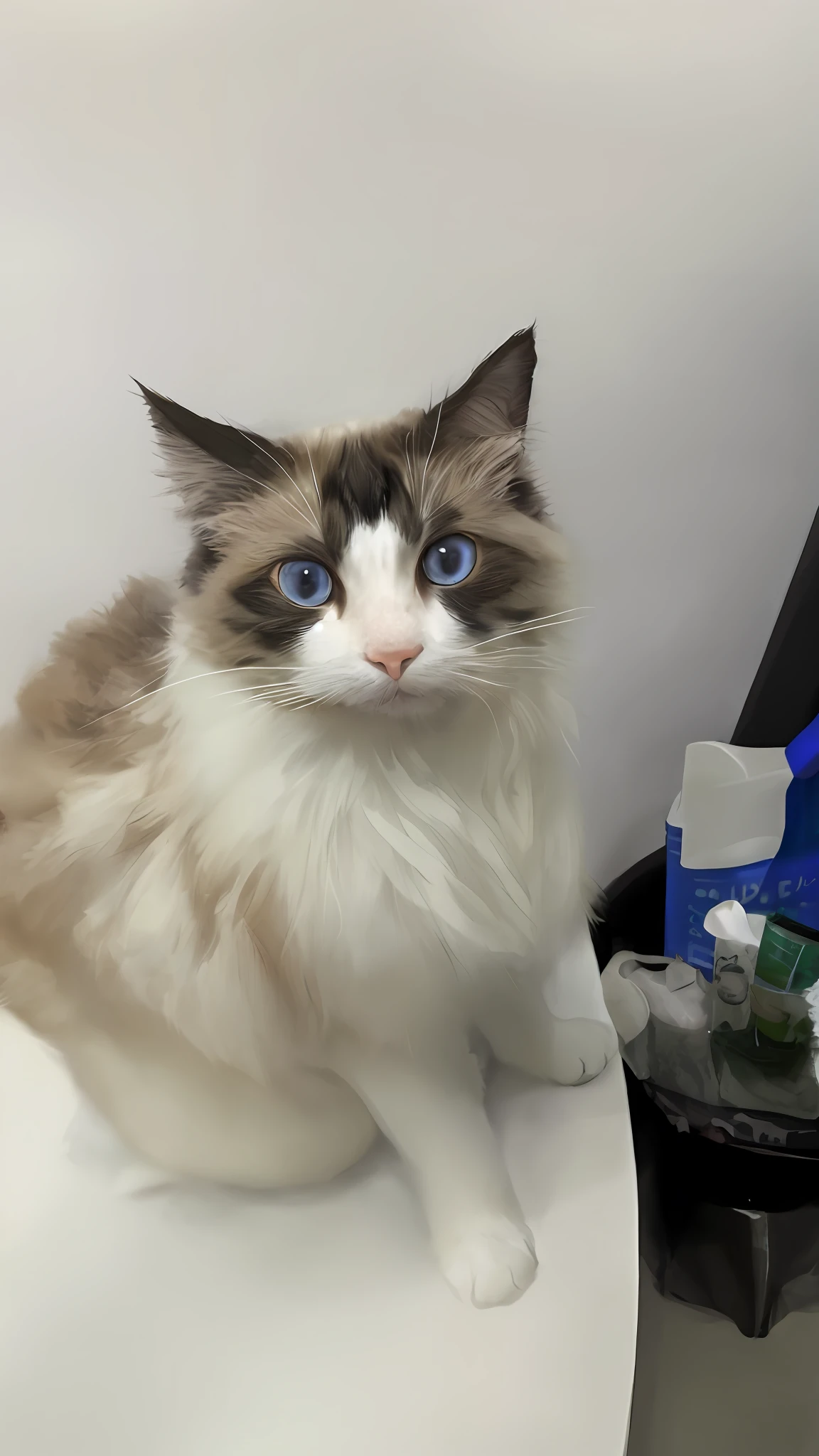 There is a cat sitting on the toilet seat in the bathroom, The Ragdoll cat, cute furry needs your help, photo of a cat, author：Emma Andievska, wide blue eyes, large eyes and flowing long hair, beautiful cat, with blue fur and blue eyes, awesome cat, proud looking away, Blue-eyed, 2 0 2 1