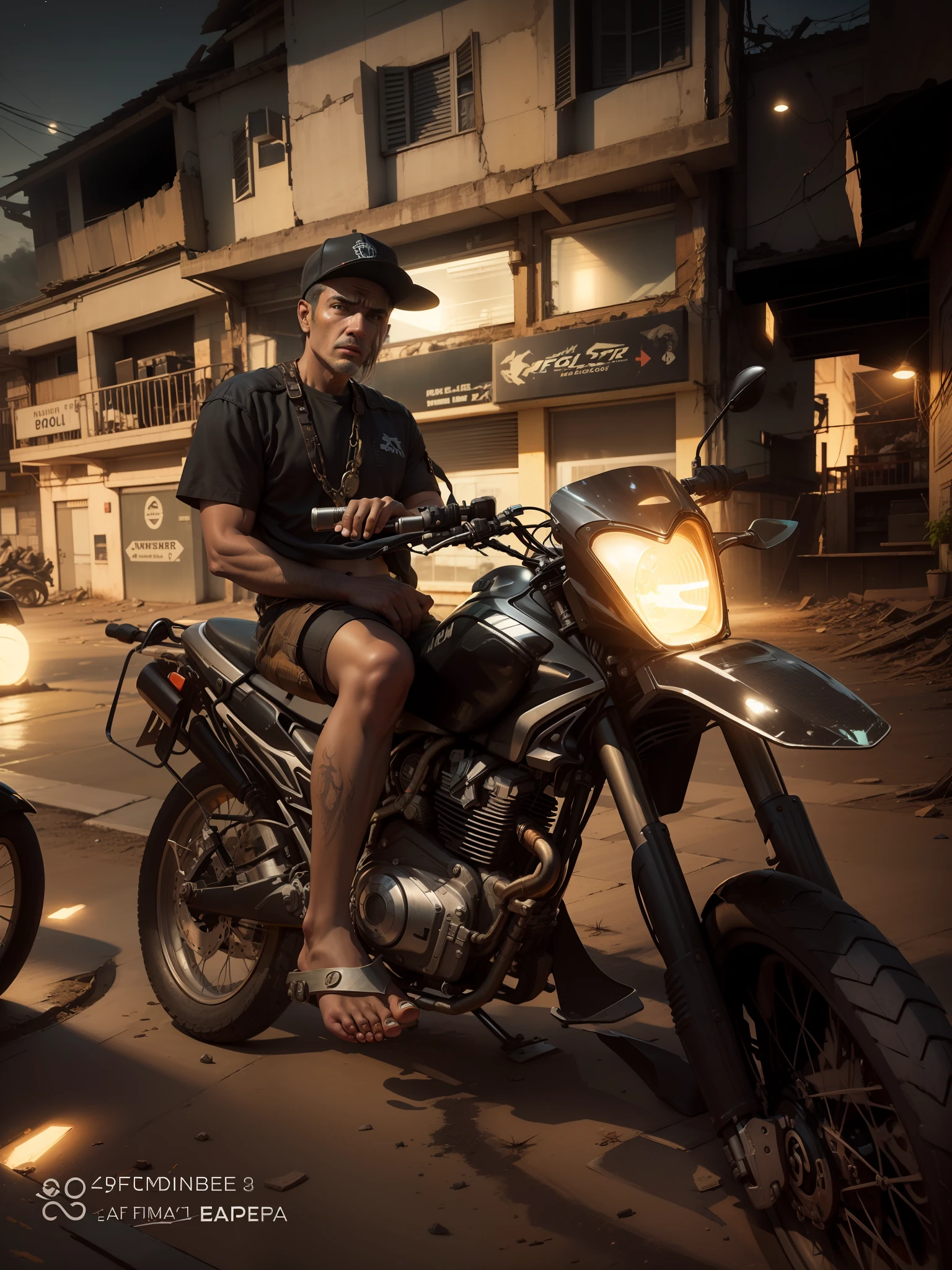 apocalipse, fim do mundo, farol de moto com luz branca, noite, Apocalyptic theme, realistic foot, perfect human foot