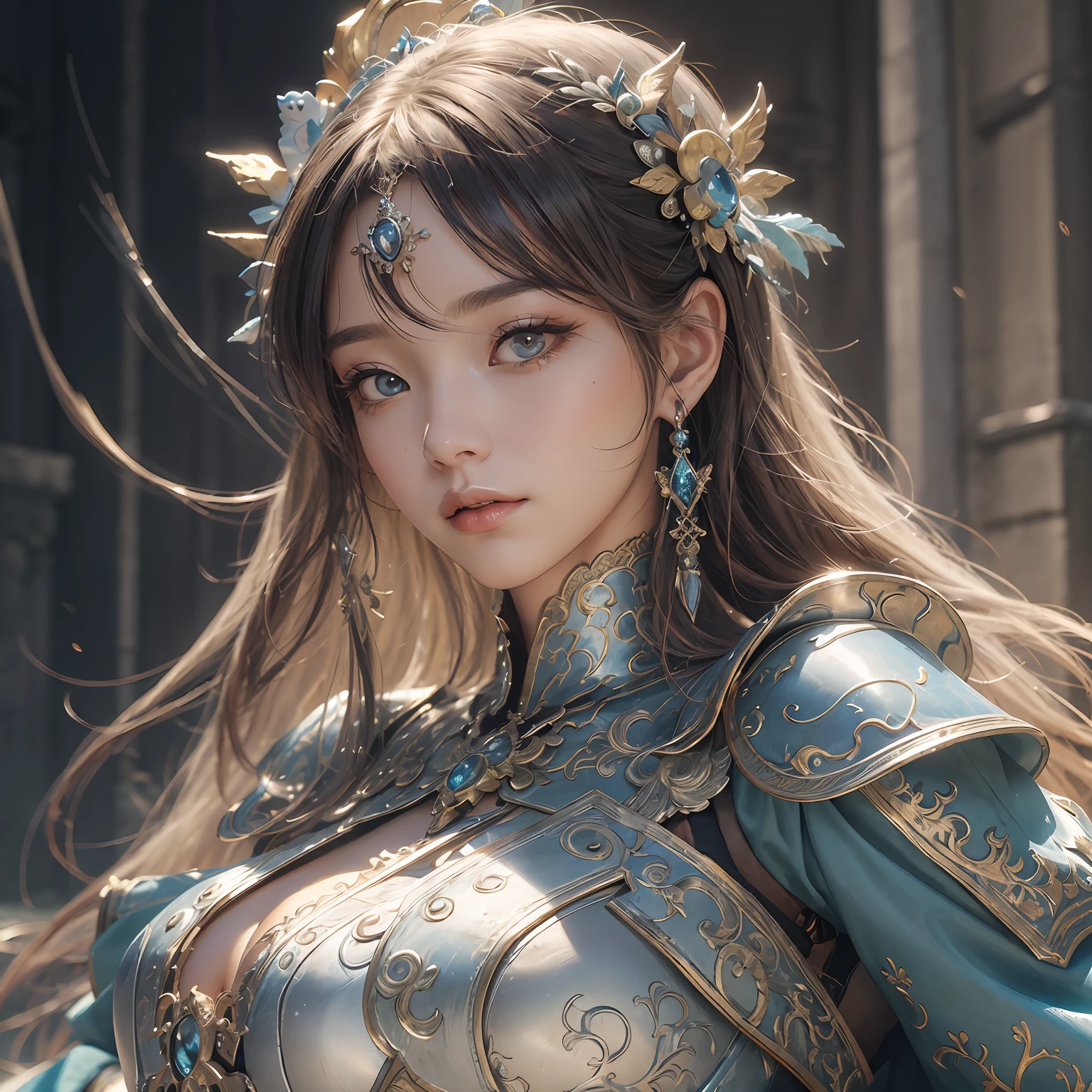 (Highest image quality),(A masterpiece),(Super meticulous),(Eye detail description:1.0),(lens flare glow:1.0),(filmposter:1.0),(Tarot border:1.0),The portrait is centered,(closeup cleavage:1.0),(negative space:0.8),(negative space:1.6),(独奏),(Floating color mesh:1.0),(Many colored spikes:1.0),(Floating water droplets:1.0) ,(Water magic:1.0),(Mottled sunlight,llight rays,Caustics:1.2),(irridescent:1.0),(Beautiful detail halo:1.0),(Lean back:1.2),(Grim expression:1.0),(Little big breasts柄:1.0),(Open-mouthed:1.0),(eyeslashes),Close one eye,(Pale blue hair:1.4),(long whitr hair:1.0),(facing to audience:1.3),(tilt of the head:1.0),(Dynamic pose:1.1),(Asymmetrical hair:1.2),(orange colors,(rcasual,leisure wear),(Cascading skirt),(Gray eye:1.4),slanted bangs,High double ponytail,Drill hair,Long coat,(Flowing cloak: 1.0),,(abstract backgrounds:1.4),(:1.1),(jumpping:1.1),(marron marron:1.1),(The upper part of the body:1.25),pondering,Squinted pupils,++,ganyu, cropped shoulders, onesie, (whitegloves:1.3), Black and red double horns, Sleepy face round, Royal Sister, adolable, Good figure Urban college student uniform Sweet long hair fluttering --auto