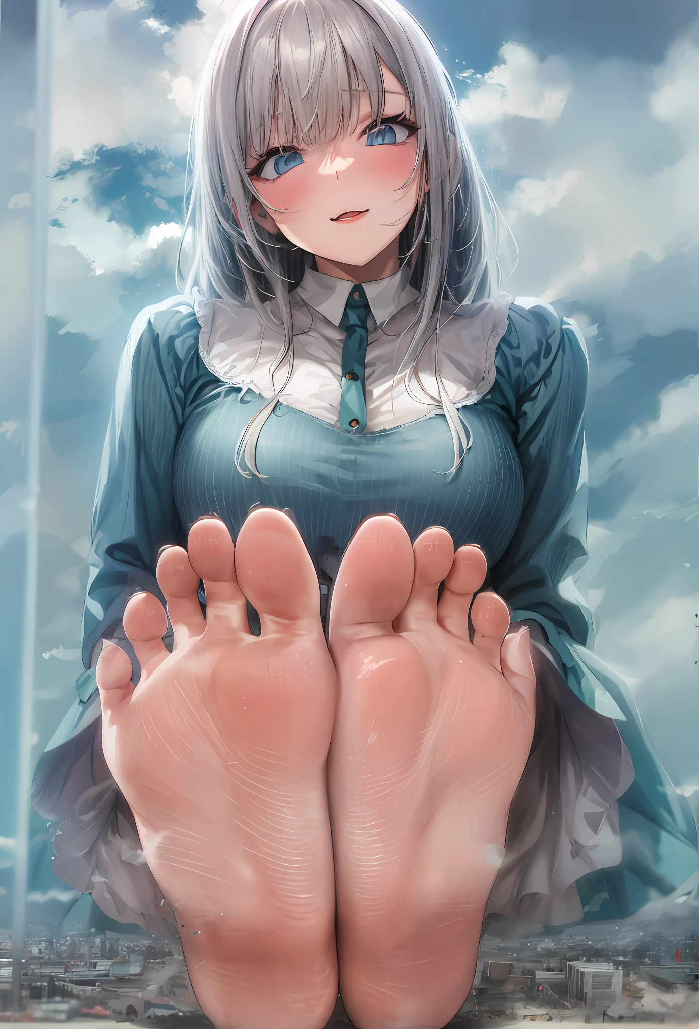 Anime girl sitting on windowsill，Blue eyes and long gray hair, giantess art, [ 4 K digital art ]!!, furry paw pov art, Pisif, 4k manga wallpapers, low view, Loli, at pixiv, Detailed digital anime art, Highest rated on Pisif, detailed anime art, high soles, Digital art on Pisif ，GTS，Barefoot，perspire