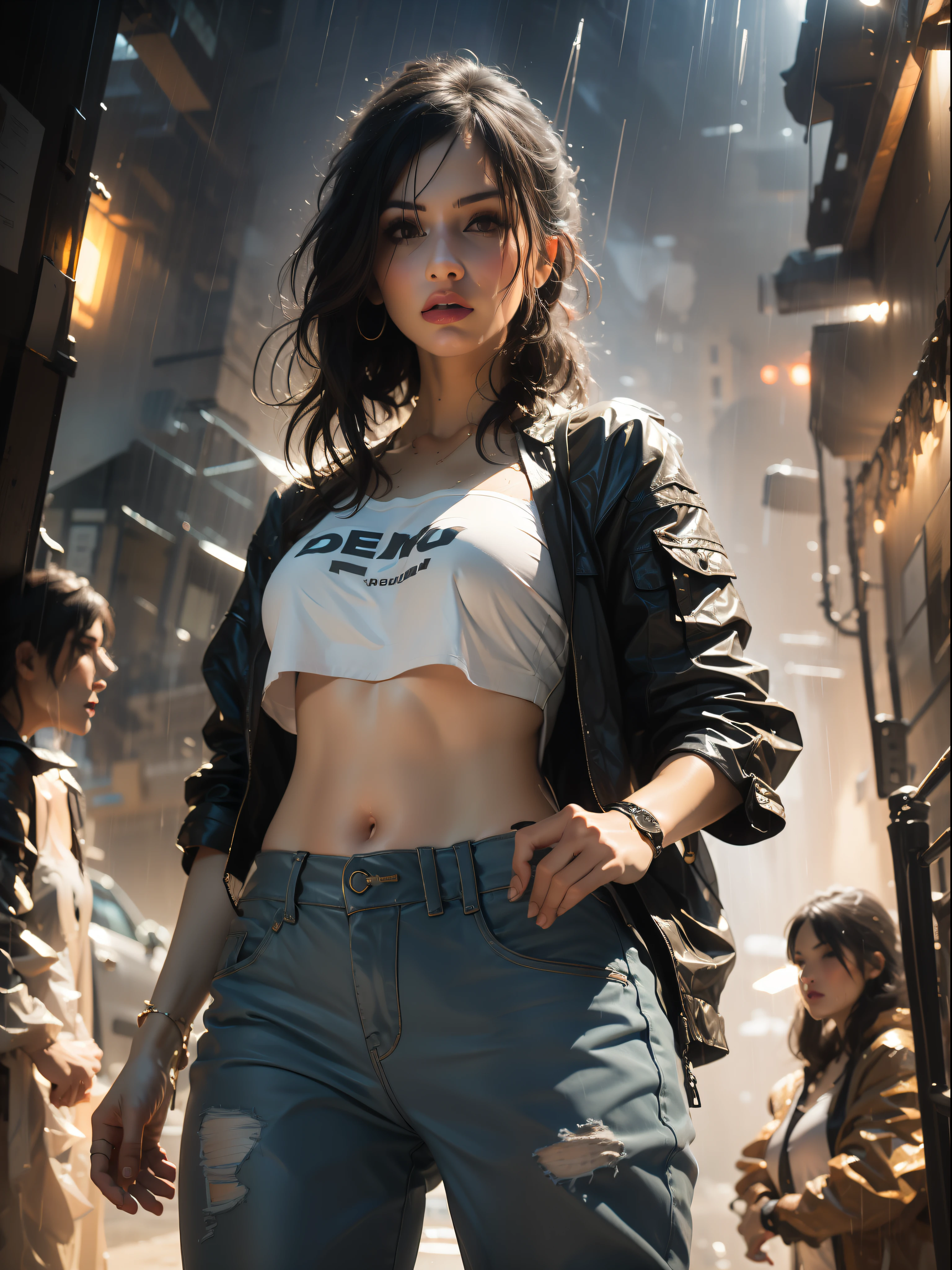 hermosa mujer con cabello ondulado ojos seductores detallados Muslo brecha piernas largas y sexy con una camiseta de pantalones cortos diminutos en una hermosa ciudad futurista cyberpunk +, niebla, mojado, lloviendo, obra maestra de la mejor calidad, fotorrealista, detallada, 8k, HDR, profundidad de campo superficial, luz amplia, alta contraste, contraluz, flowering, destellos de luz, chromatic abberation, foco nítido, foto en color RAW,