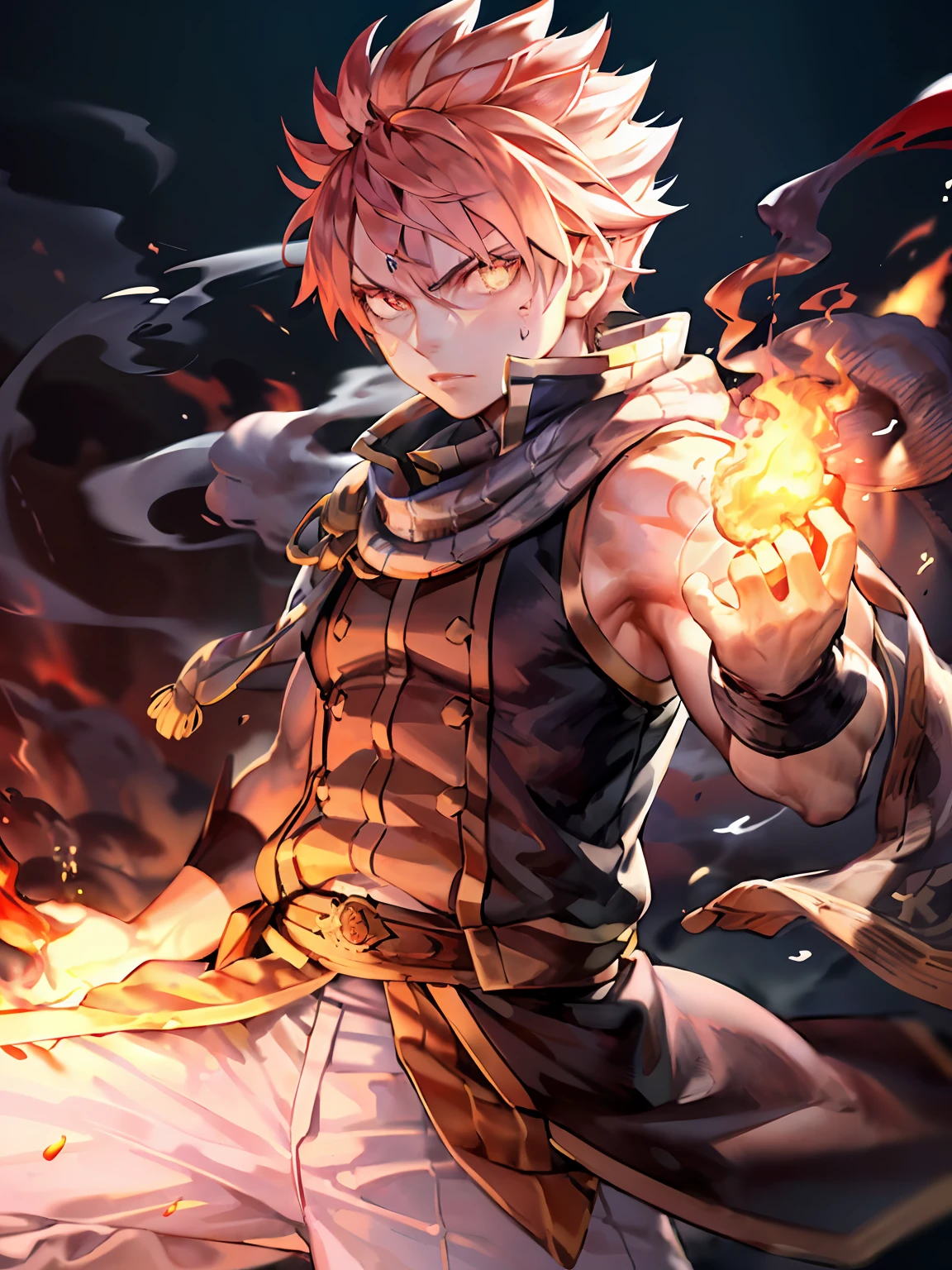 (tmasterpiece，Highest image quality，Extremely realistic，1 boy，redheadwear，Black pupils:1.3，The flame burns，Precipitated smoke spews out，sparks flying，Muscle lines are pronounced，Rounded arms，Warm and energetic summer atmosphere)(sleeveless coat:0.8)，(围巾:1.1)。