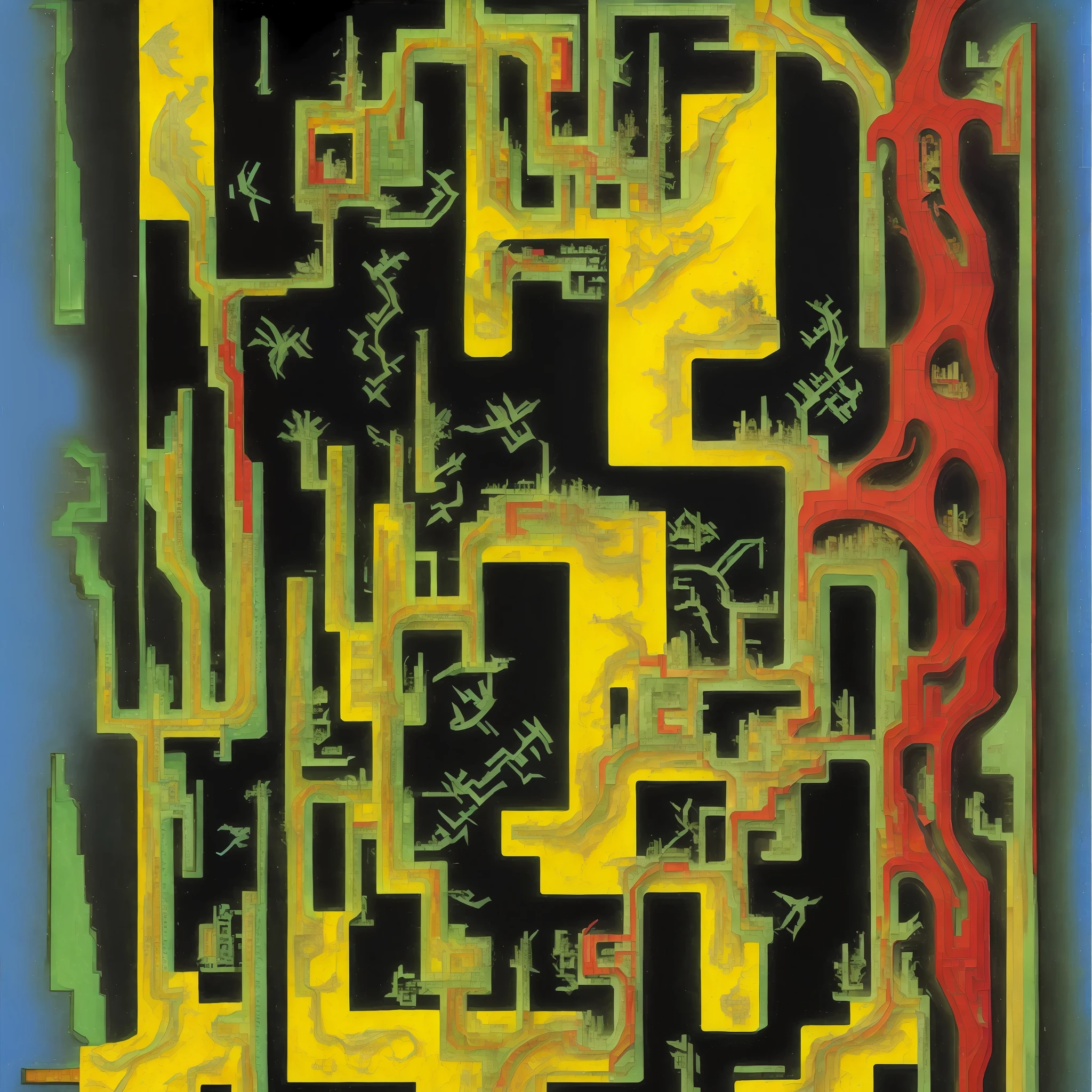 optical illusions, Flat drawing,2-dimensional,Maps of ancient Chinese houses overlap with maps of modern residential platforms,geometric shapes, Interspersed with everyday human activities, Small characters and graphics , labyrinths of, Cluttered spaces,dramatics, Retro, ultra-definition, relic, Abstract art , surrealism, Escher,Vincent van Gogh