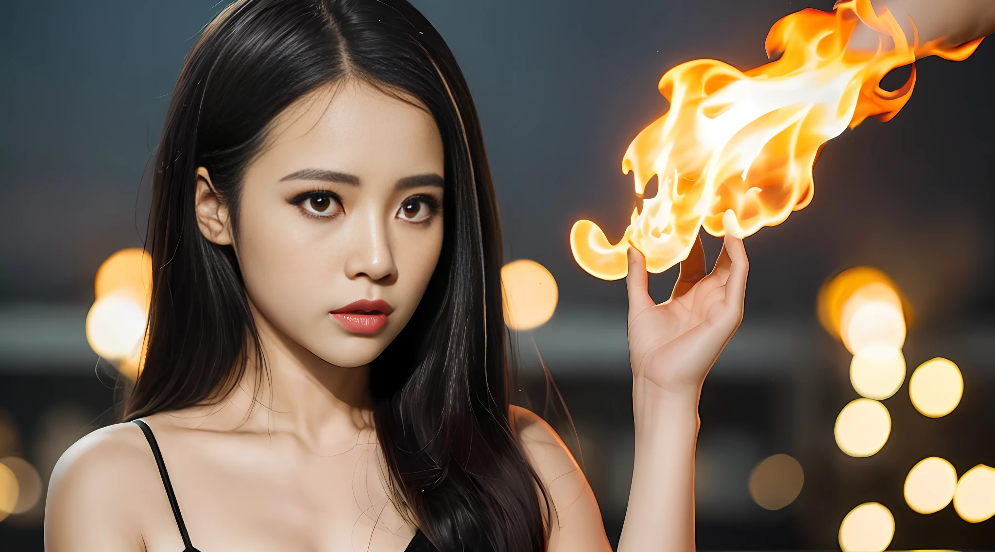 There's a woman holding a fire in her hand, iu lee ji-eun as a super villain, casting fire spell, Ela tem poderes de fogo, bola de fogo iluminando seu rosto, flame conjuring, the sorceress casting a fireball, fantasy photoshoot, com fogo, chama, dilraba dilmurat, casting a fire spell, Tiro na Canon EOS R 5 --auto