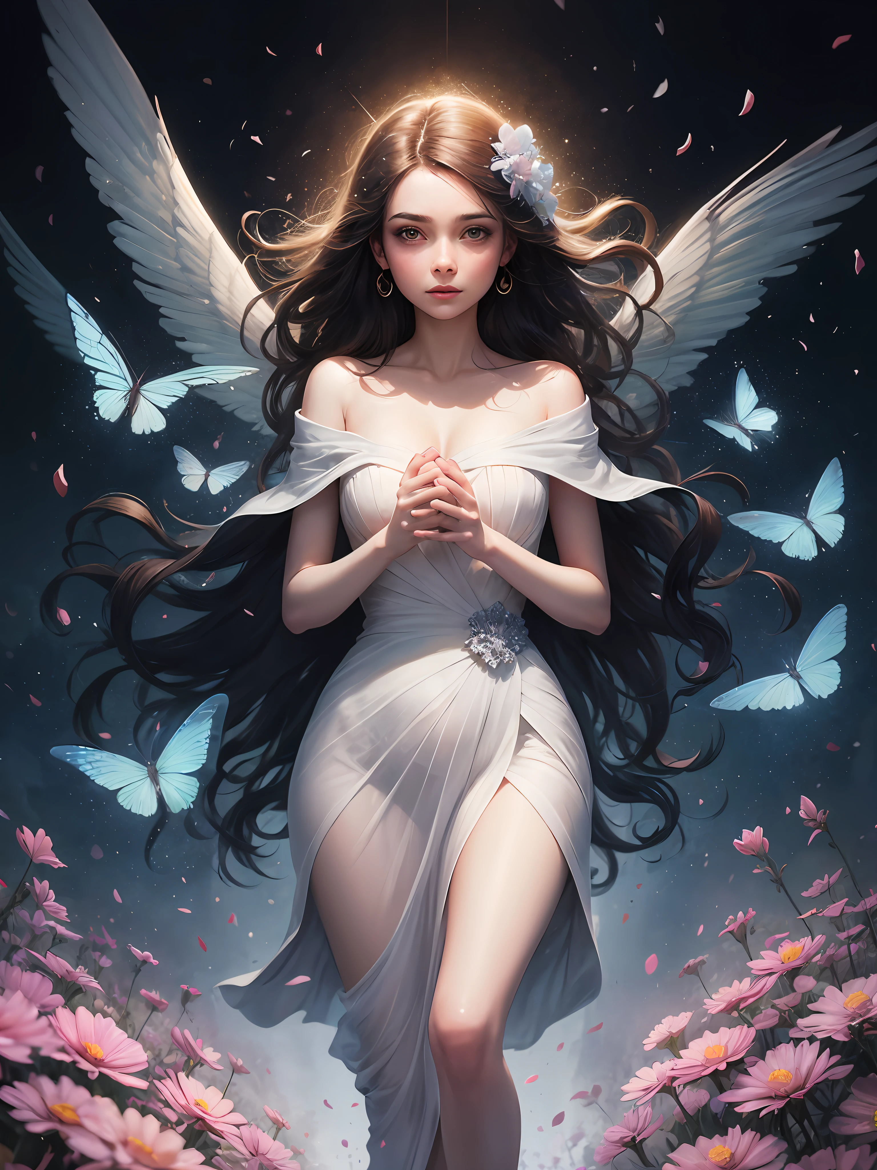 1girl, solo, full body, (masterpiece:1.21), (best quality:1.2), colorful, (illustration:1.2), (cinematic lighting:1.1), (bare shoulders:1.21), (collarbone:1.21) in this whimsical A beautiful and dreamlike garden, the scene is illuminated by a rainbow (colorful fireflies) dancing in the air. Pastel (drizzle) adorns the garden, creating a hazy and ethereal atmosphere. In the center of the picture, stands a single girl, an extremely beautiful girl, with lovely facial features and an innocent expression. Her long hair fluttered in the wind. She wore a low-cut strapless dress that accentuated her curves. The lighting is very delicate and beautiful, creating a soft warm glow that accentuates the water and makes it sparkle like a diamond. The finest grasses are also illuminated to create a lush carpet. The garden is surrounded by colorful flower fields with flowers of all colors and shapes. Various colors and sizes (coloured butterflies) can be seen flying around the scene, adding to the overall sense of wonder and magic. (Everyone, judges), a blush can be seen on the bridge of the nose, and the mouth is slightly opened, which adds to the overall sense of innocence and youth. Falling petals can be seen waving around her, adding to the overall sense of romance and beauty. The breeze is blowing, the leaves are rustling, and the flowers are swaying, adding to the overall dynamism and vitality. It is a scene of pure wonder and magic, full of color and beauty, where the viewer can lose themselves in this enchanting and captivating world.
