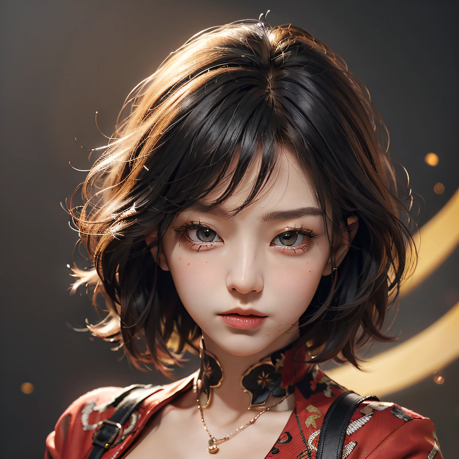 tmasterpiece，超高分辨率，woman，Glowing skin，Black color hair，（HighestQuali），Red suit，short detailed hair，closeup cleavage，Place one hand on your chest，Detailed hair details，head portrait，Super detailed face，