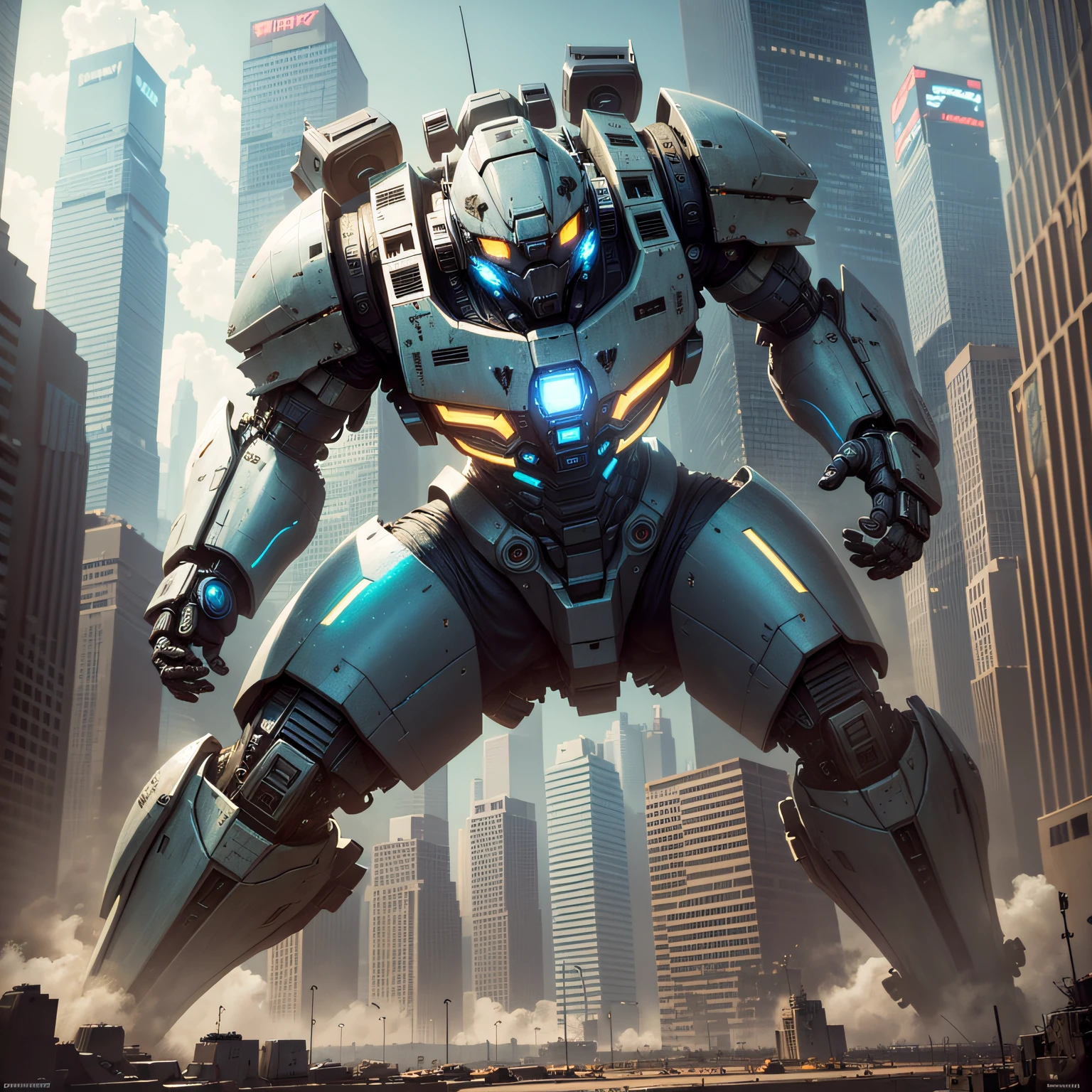 1 monster，1mecha，Pacific Rim，cyber punk perssonage，Sense of oppression，The city of the future，Fight monsters，，Masterpiece，hyper HD，16k，structurally correct --auto