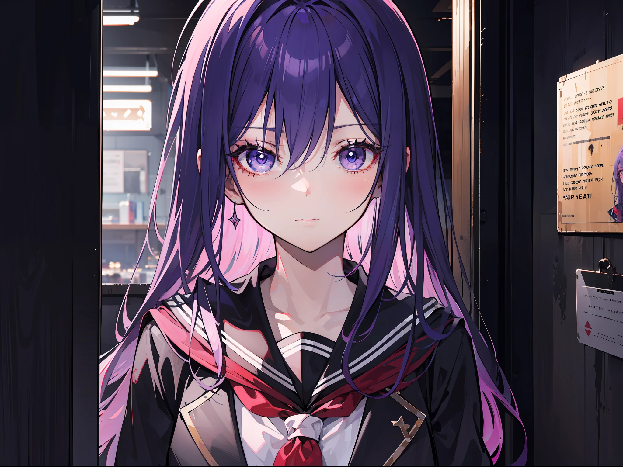 "Epic dark atmosphere, stunning 4k artwork featuring a adorable girl with violet hair. golden cute eyes. She was wearing dirty school cloth. She hiding and looks scared"